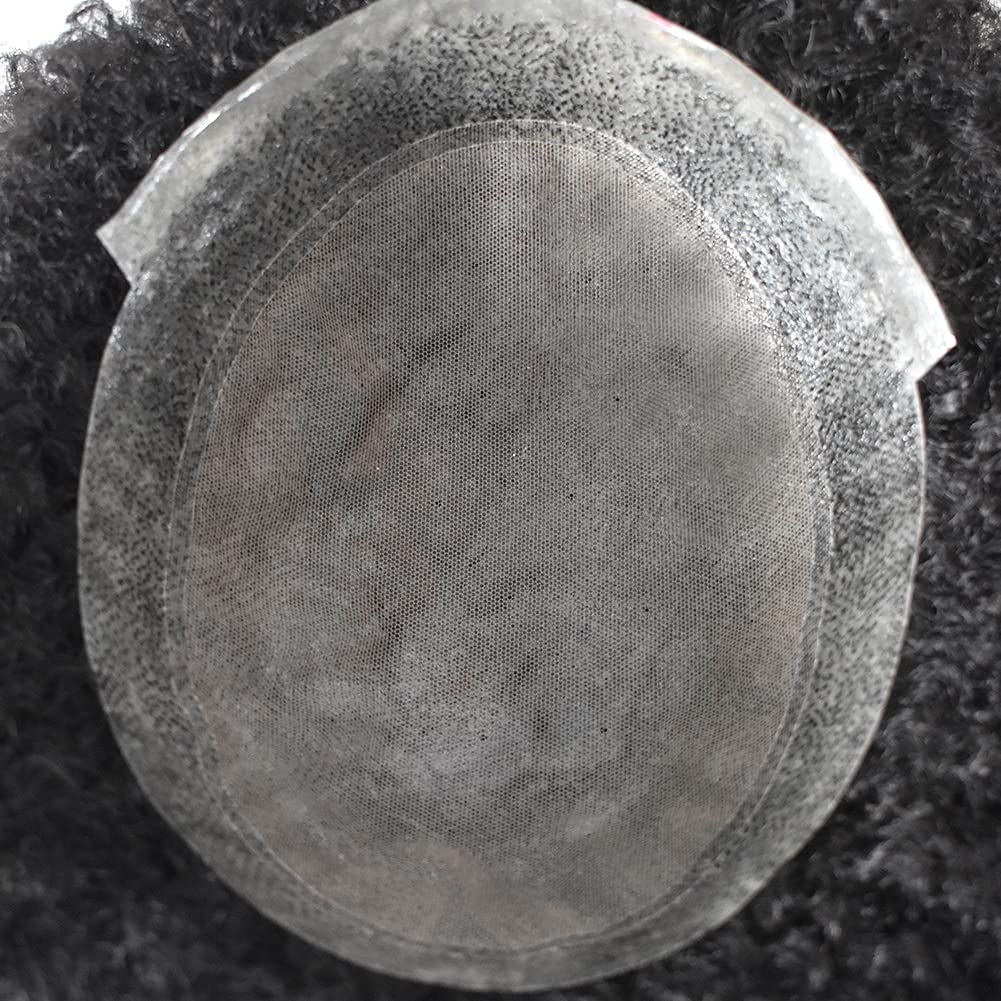 Afro Toupee for Black Men - 100% Human Hair Piece 8''X10'' Cuttable - African American Curly Unit (10mm Wave, Jet Black #1) - Perfect for Daily Wear, Cosplay & Hair Loss Solutions