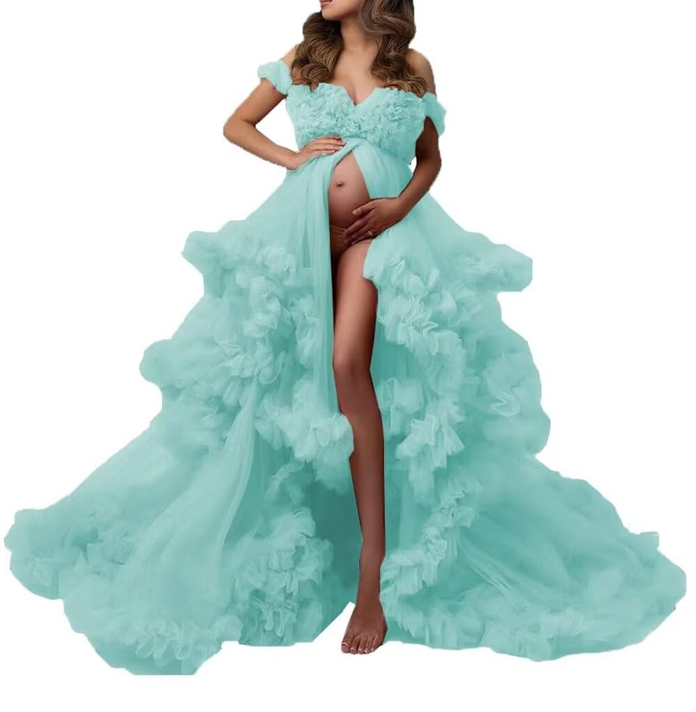 Elegant Long Puffy Maternity Dress with Tulle Layer - V-Neck Baby Shower & Wedding Gown for Pregnancy Photoshoots | Perfect for Special Occasions & Maternity Photography