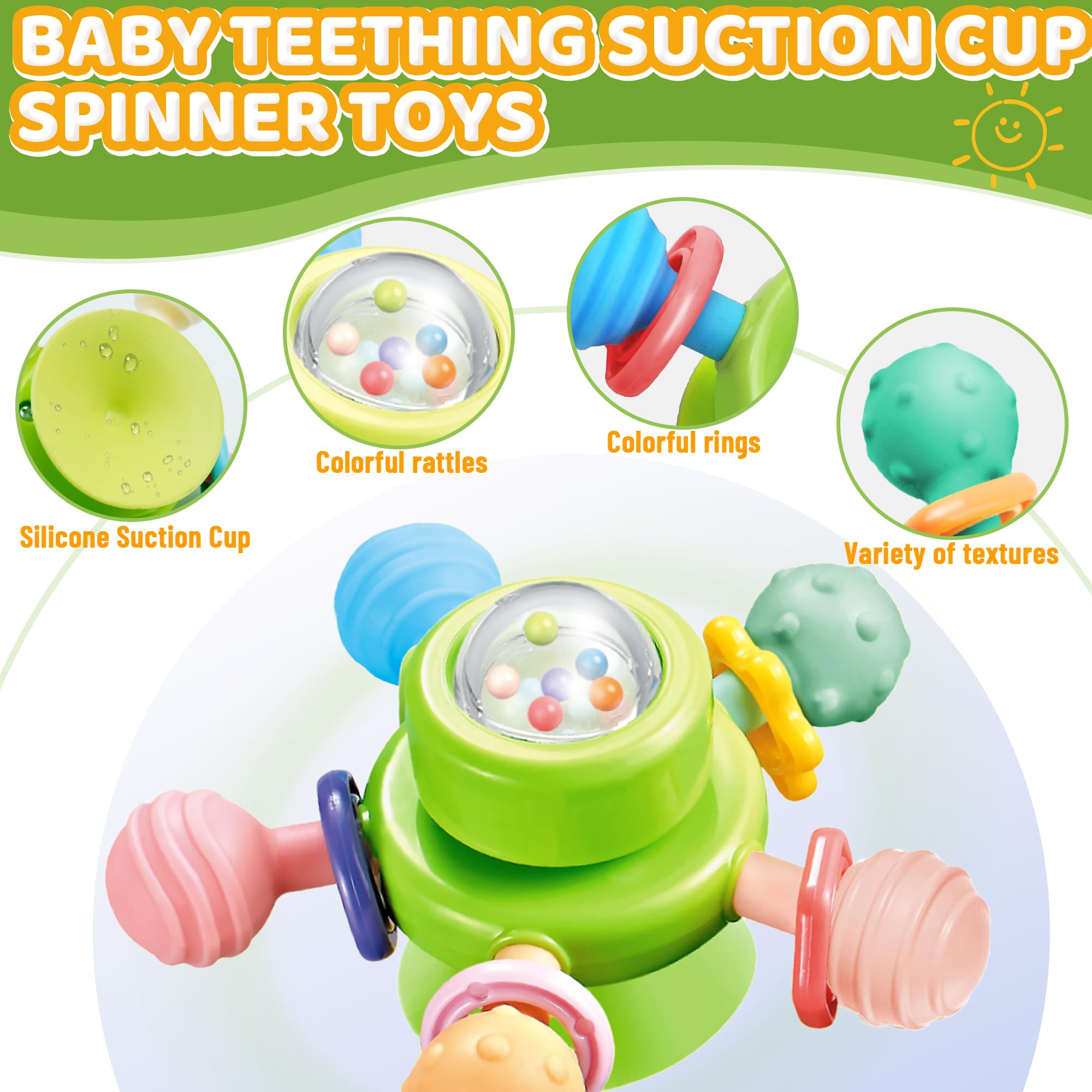 Silicone Baby Teething Toys with Suction Cup - Sensory Spinner Toy for 0-12 Months - Montessori Bath & Chew Toy for 1-2 Year Olds - Perfect Easter Basket Stuffer & Toddler Learning Toy for Home, Travel & Daycare