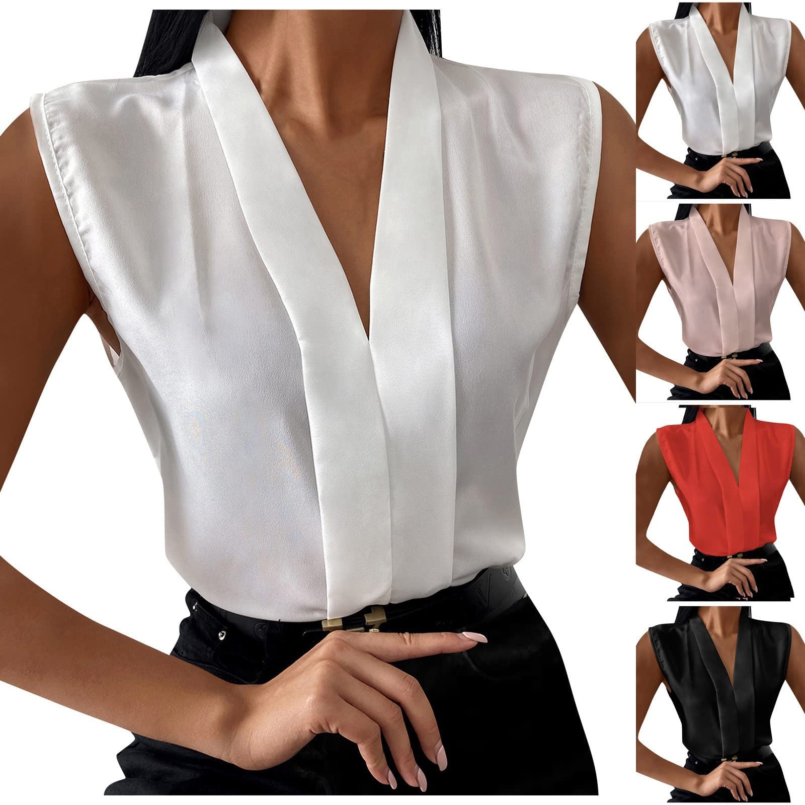 TUNUSKAT Women's Lightweight Sleeveless V-Neck Tank Top - Elegant Solid Pullover Shirt for Office & Summer Wear - Perfect for Business Casual, Layering, and Warm Weather Outfits
