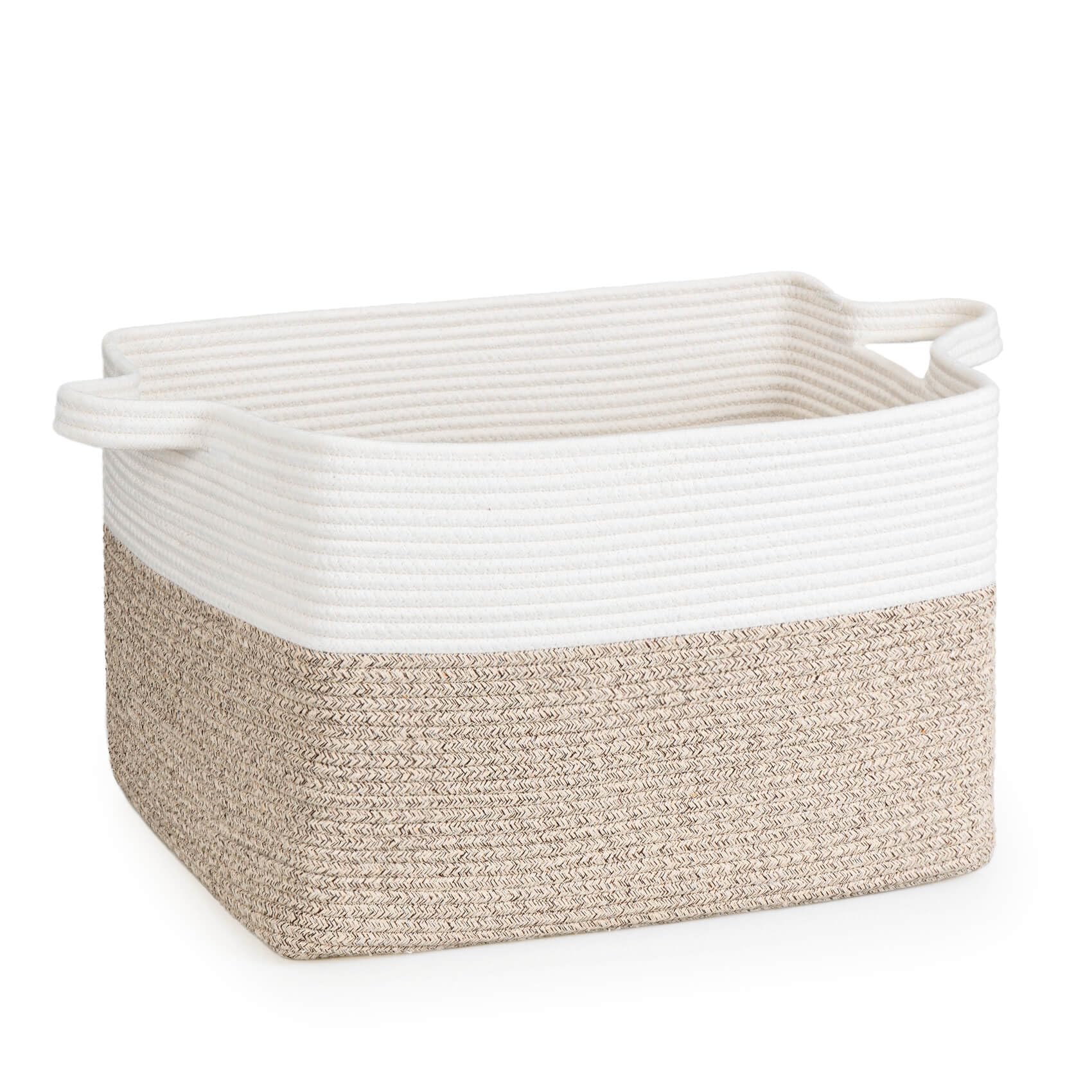 50L Large Rectangle Shelf Basket with Handles - Woven Rope Storage Bin for Blankets, Pillows & Baby Toys - 18 x 14 x 12 Inches Organizer for Living Room, Nursery & Bedroom Storage Solutions