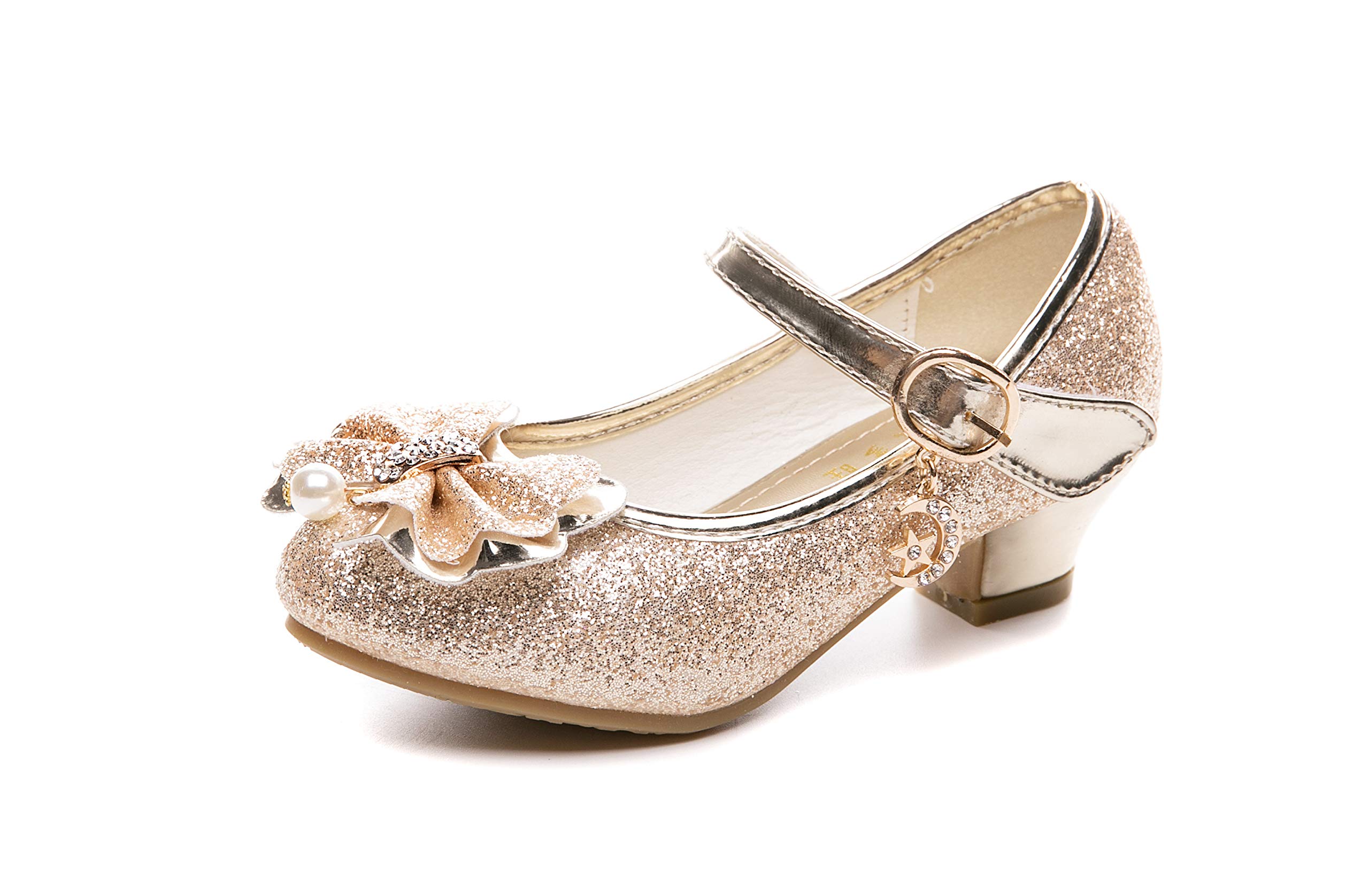 Glitter Flower Mary Jane Pumps for Girls - Low Heel Wedding Bridesmaid Party Shoes - Perfect for Princess Dress Up, Flower Girl Attire & Special Occasions