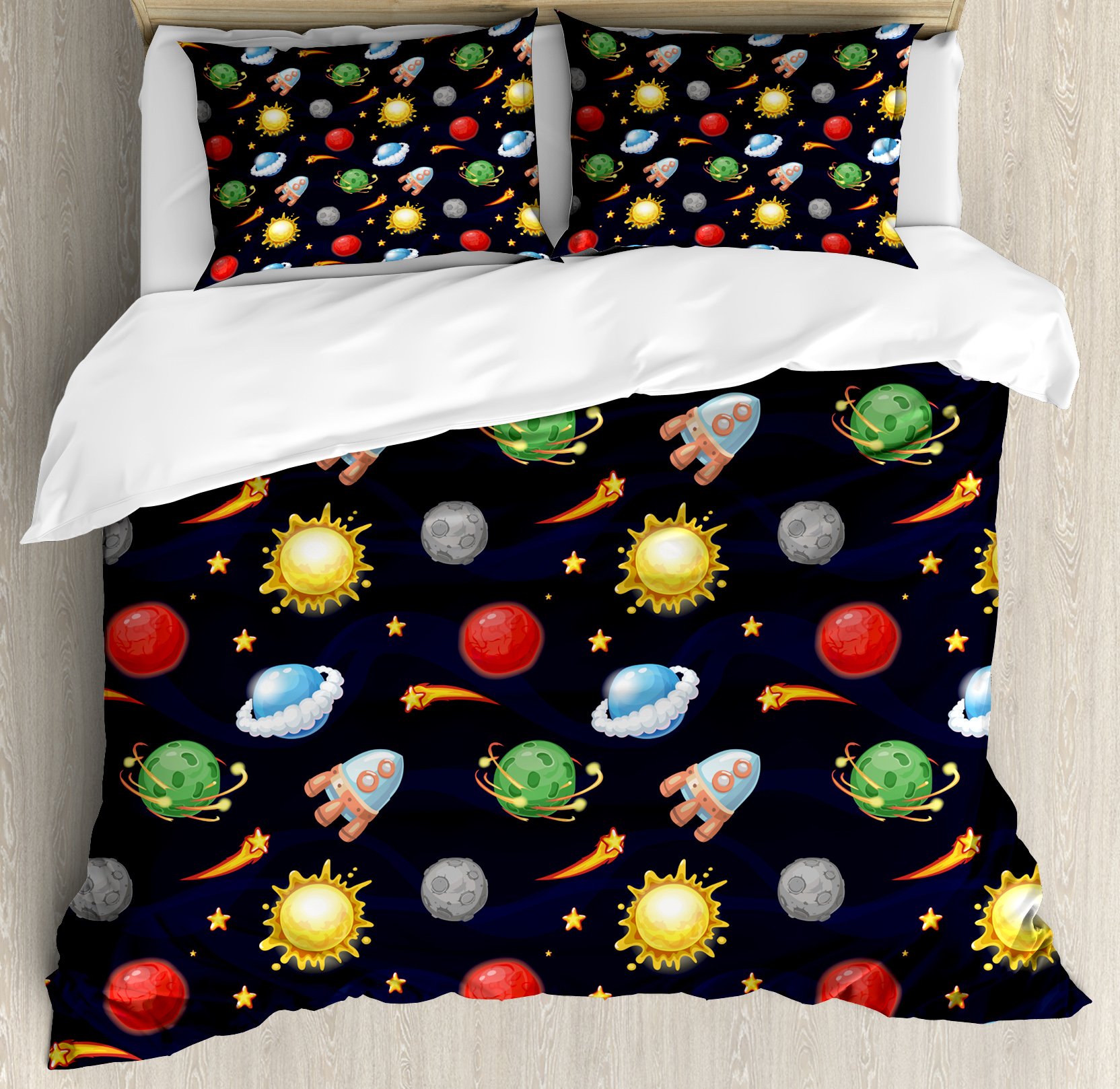 Ambesonne Space Duvet Cover Set - King Size Navy Blue Multicolor | Cartoon Cosmos Theme with Sun, Stars, Planets & Rocket | 3-Piece Bedding Set with 2 Pillow Shams | Perfect for Kids' Rooms, Space-Themed Bedrooms & Sci-Fi Decor
