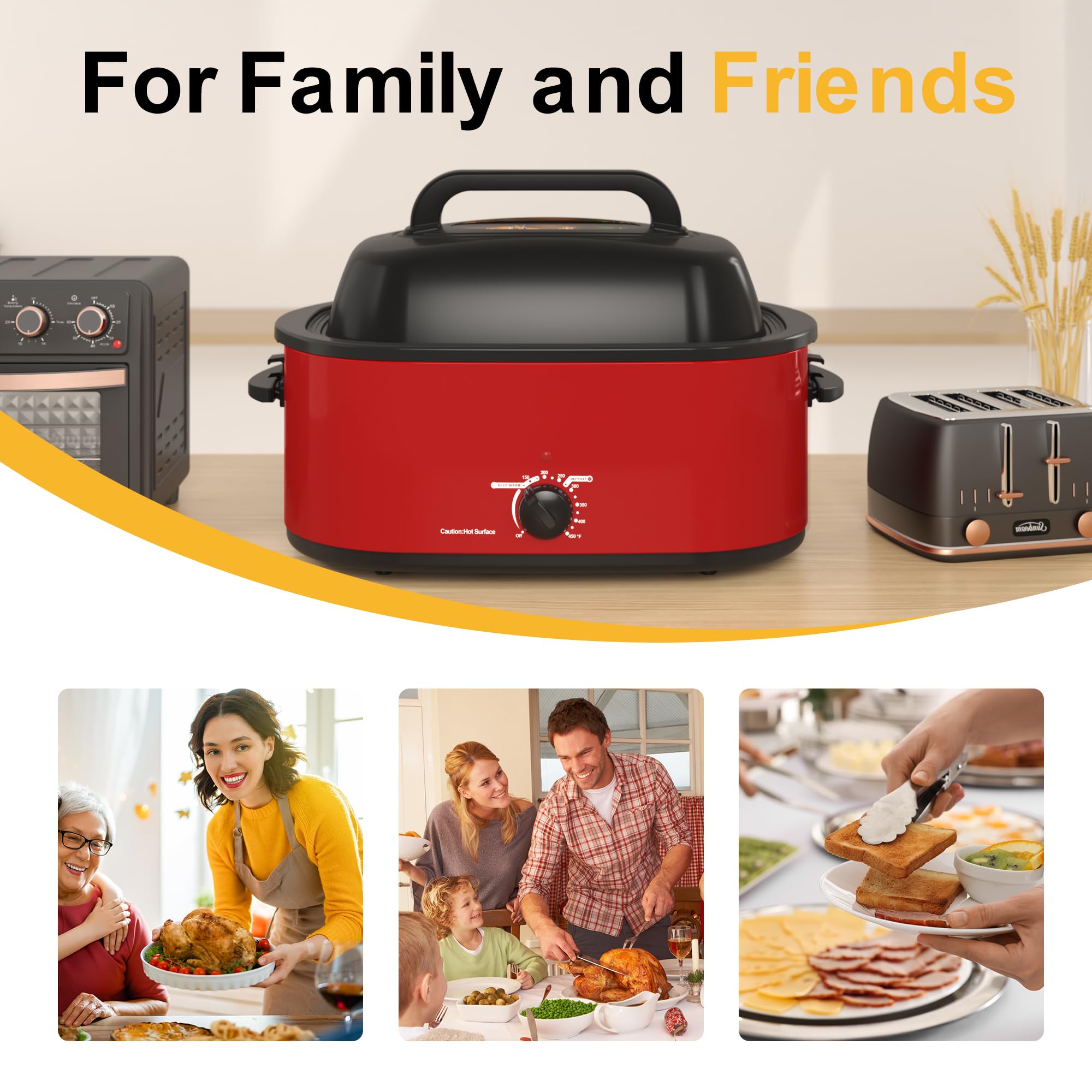 26QT 3-in-1 Electric Roaster Oven with Thawing, Heating & Warm Function, Stainless Steel Turkey Roaster with Self-Basting Lid, Removable Pan Rack & Cool-Touch Handles – Perfect for Holiday Meals, Buffets & Family Gatherings
