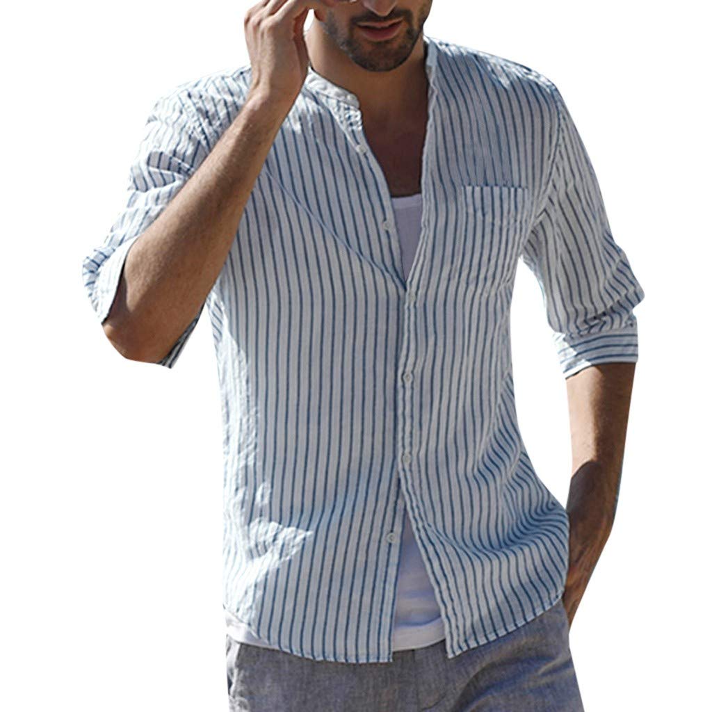 Caopixx Men's Quarter Sleeve Linen Blend Shirt - Striped Casual Button Down with Pocket & Stand Collar | Perfect for Office, Summer Outfits and Casual Wear