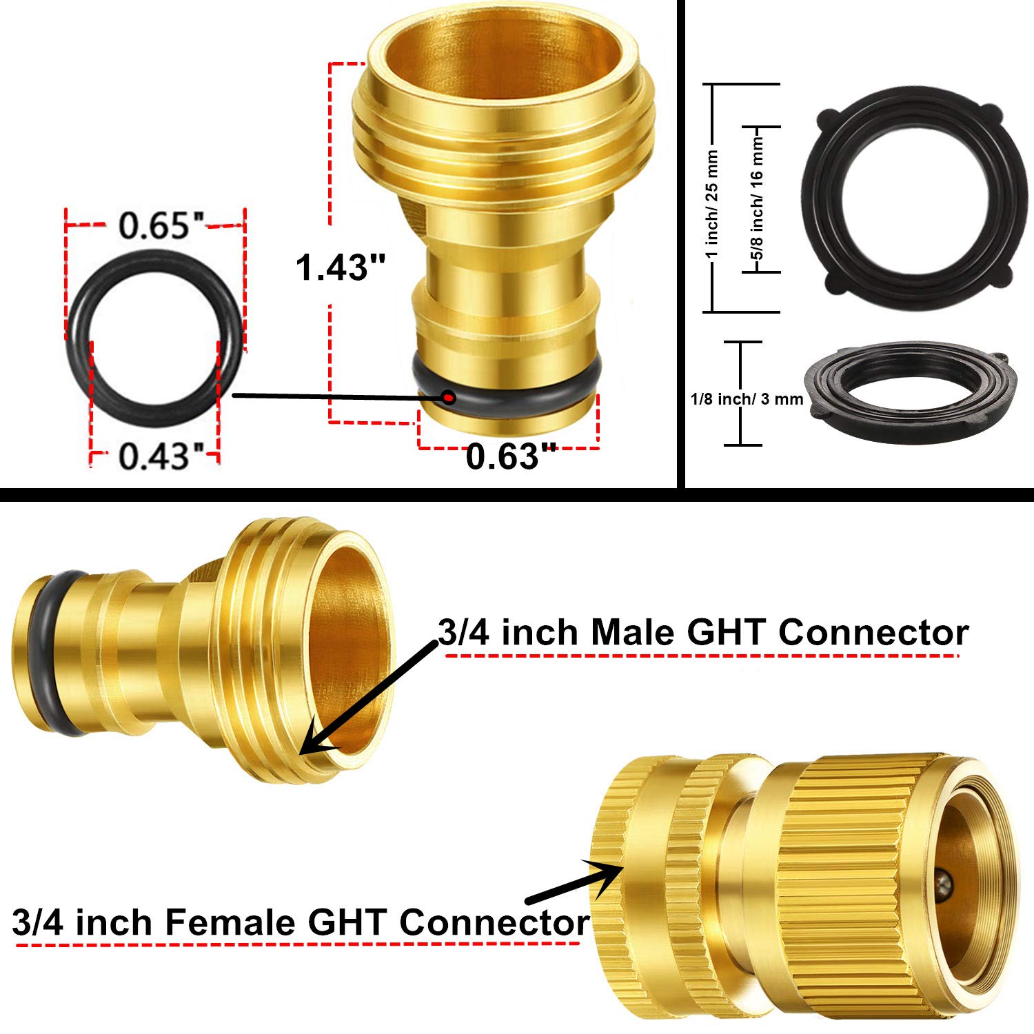 Premium 3/4 Inch GHT Solid Brass Quick Connect Garden Hose Fittings - 4-Piece Set with Male/Female Connectors & Extra Rubber Washers for Leak-Proof Watering - Perfect for Lawn Irrigation, Car Washing & Outdoor Cleaning