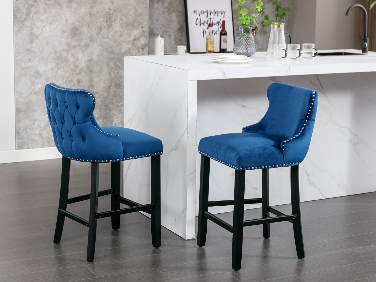 Contemporary Velvet Upholstered Wingback Bar Stools with Button Tufted Design, Wooden Legs & Chrome Nailhead Trim - Set of 4 Blue Bar Chairs (SW1824BL) for Kitchen Island, Breakfast Nook & Home Bar Decor