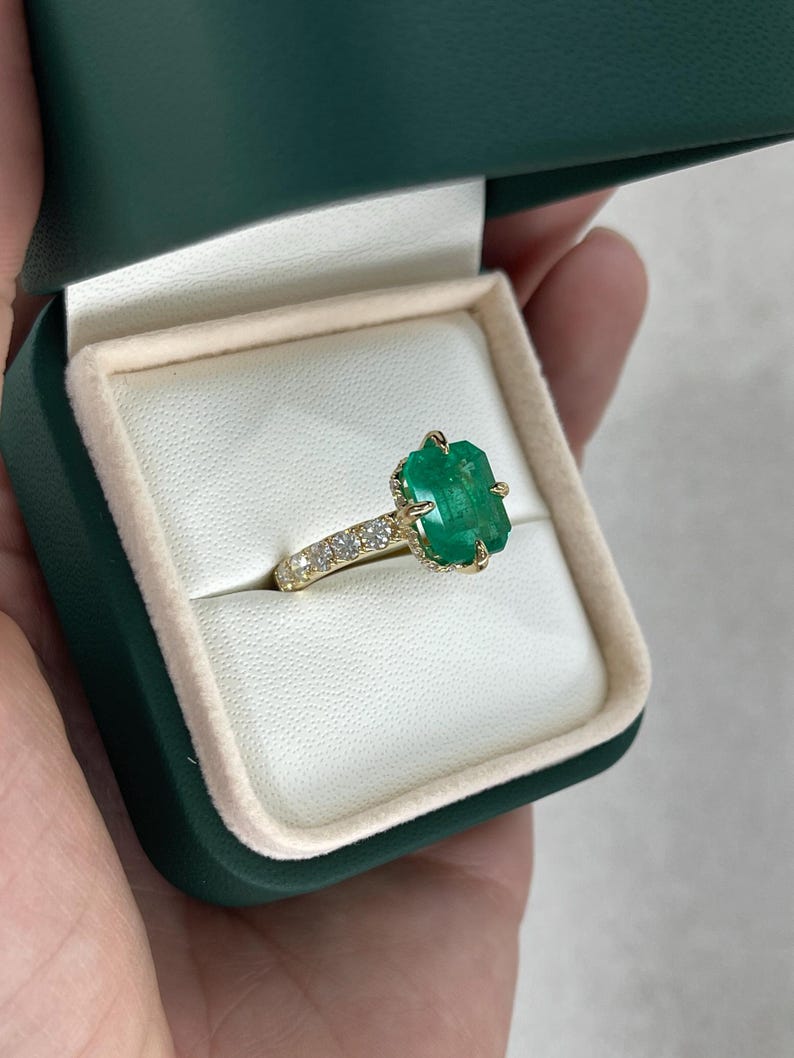 4.43tcw 18K Gold AAA Emerald Cut Colombian Emerald Engagement Ring with Hidden Diamond Halo – Perfect for Proposals, Anniversaries & Bridal Jewelry