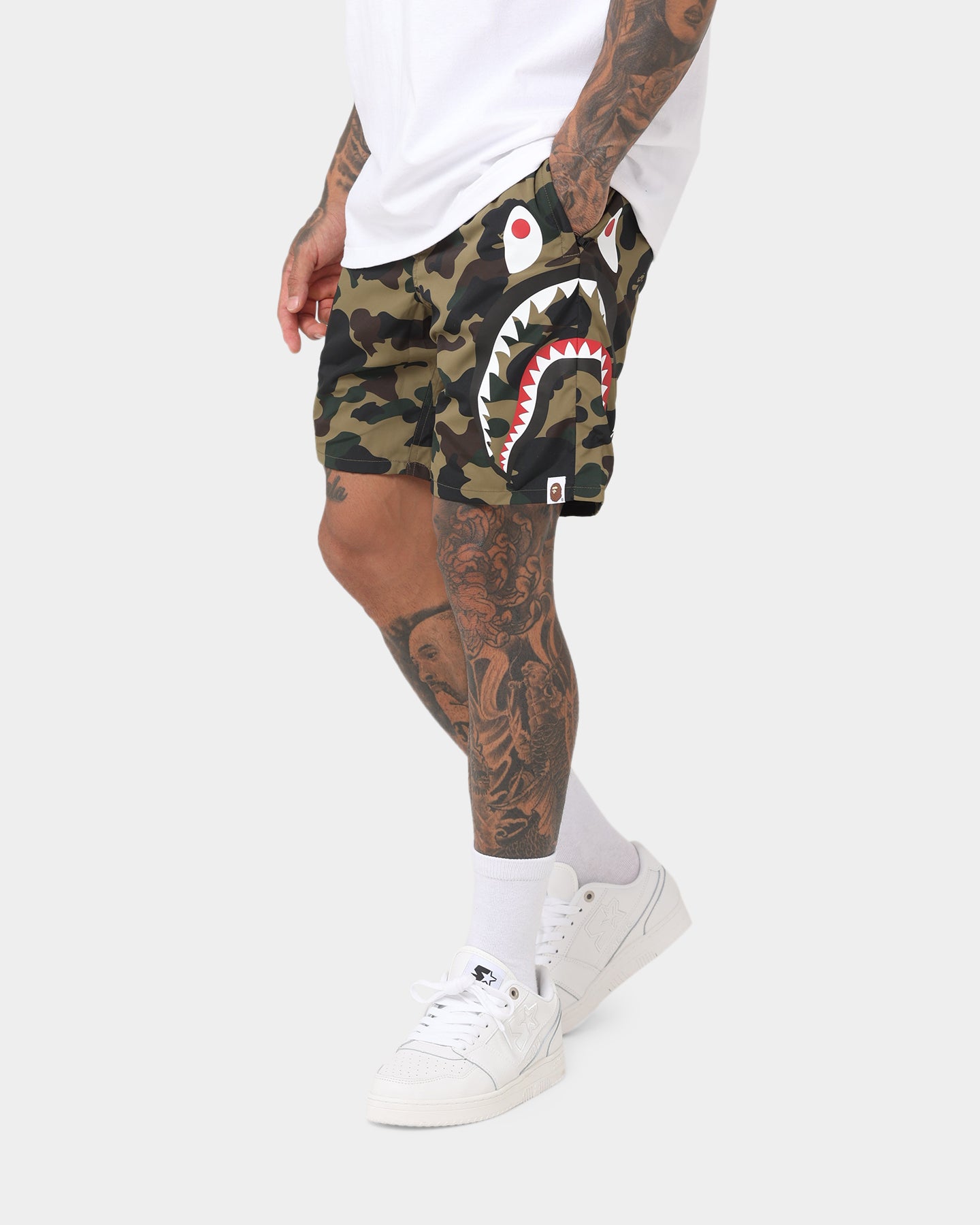 BAPE 1st Camo Side Shark Beach Shorts for Men - Army Green Swim Trunks | Perfect for Summer, Pool Parties & Beach Vacations