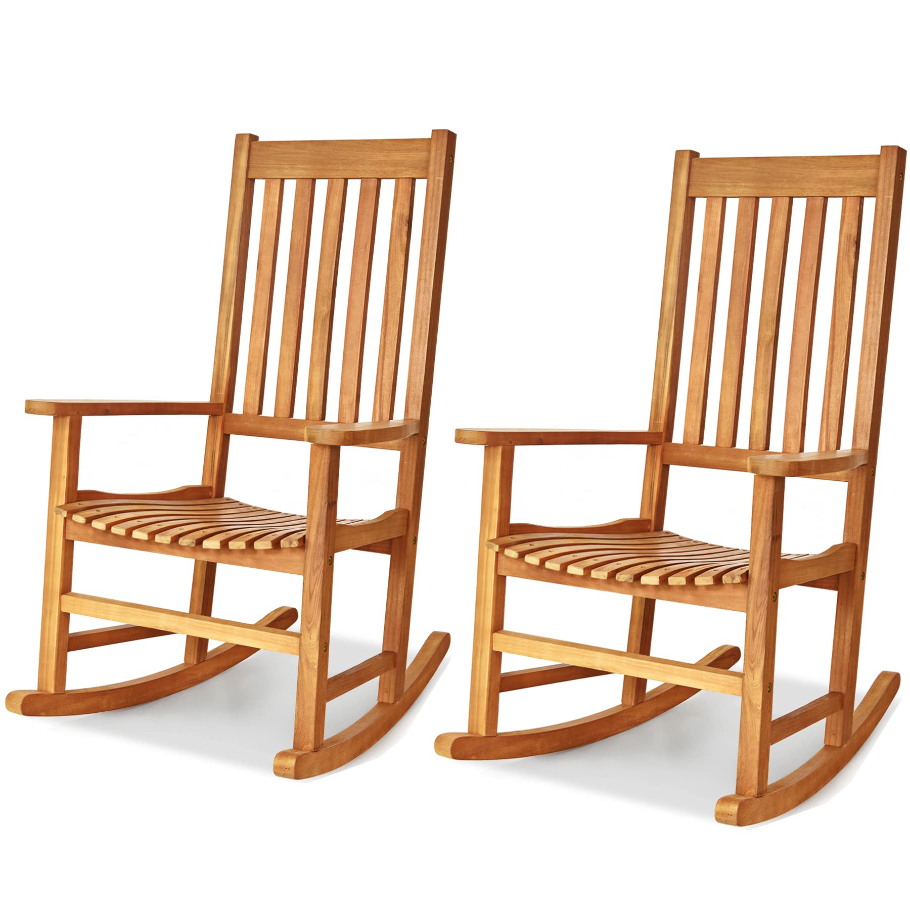 Tangkula Acacia Wood Porch Rocking Chair Set - 2-Piece High Back Wooden Rocker with Armrests for Indoor & Outdoor Use - Perfect for Patio, Garden, Lawn, Balcony, Backyard, and Poolside Relaxation (Teak Finish)