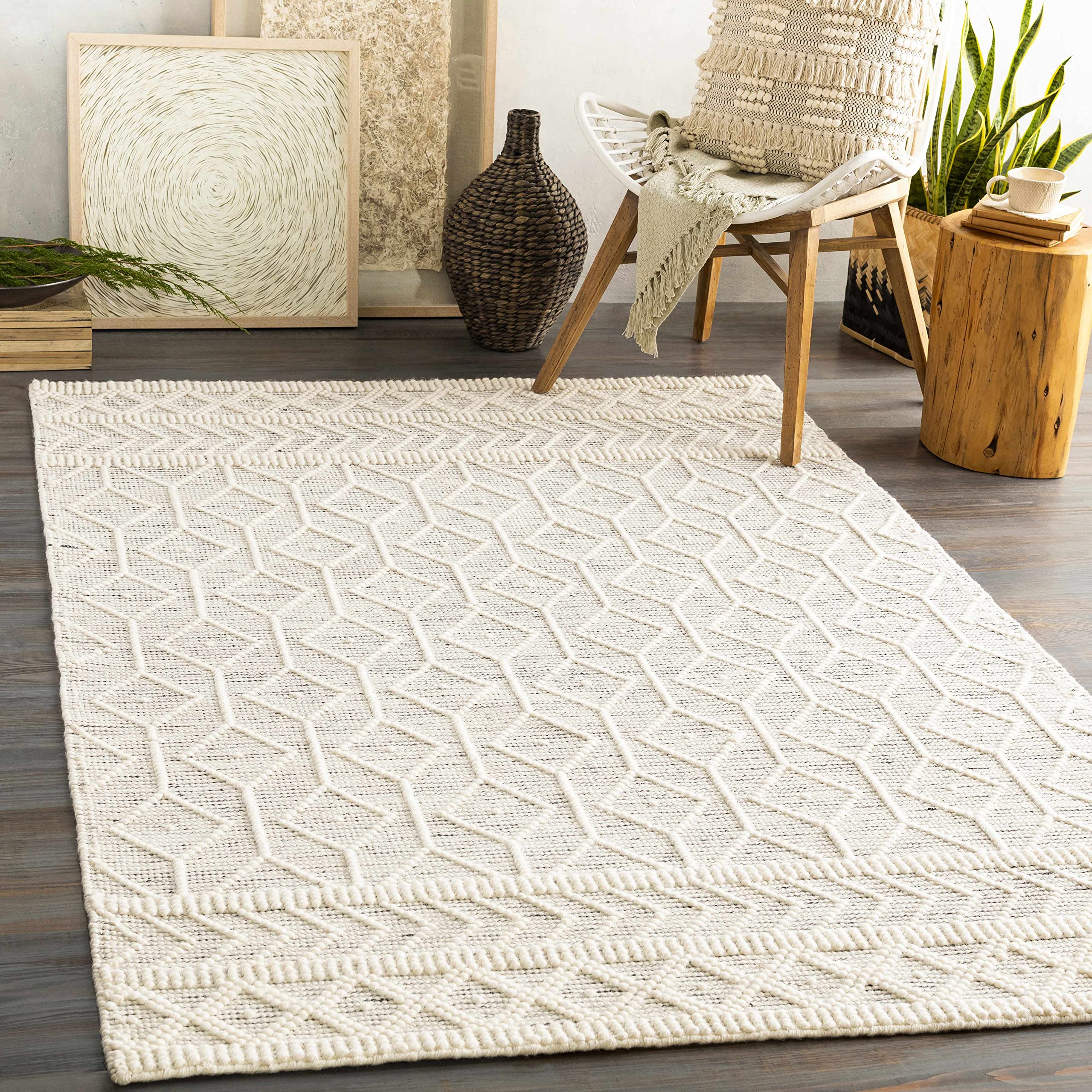 Handwoven Carolina Boho Wool High Low Textured Area Rug - Farmhouse Moroccan Trellis Carpet for Living Room, Bedroom & Dining Room - Handmade Zig Zag Bubble Weave Design - Black, White & Cream - 6' x 9' - Perfect for Bohemian Decor, Cozy Spaces & Modern Farmhouse Style