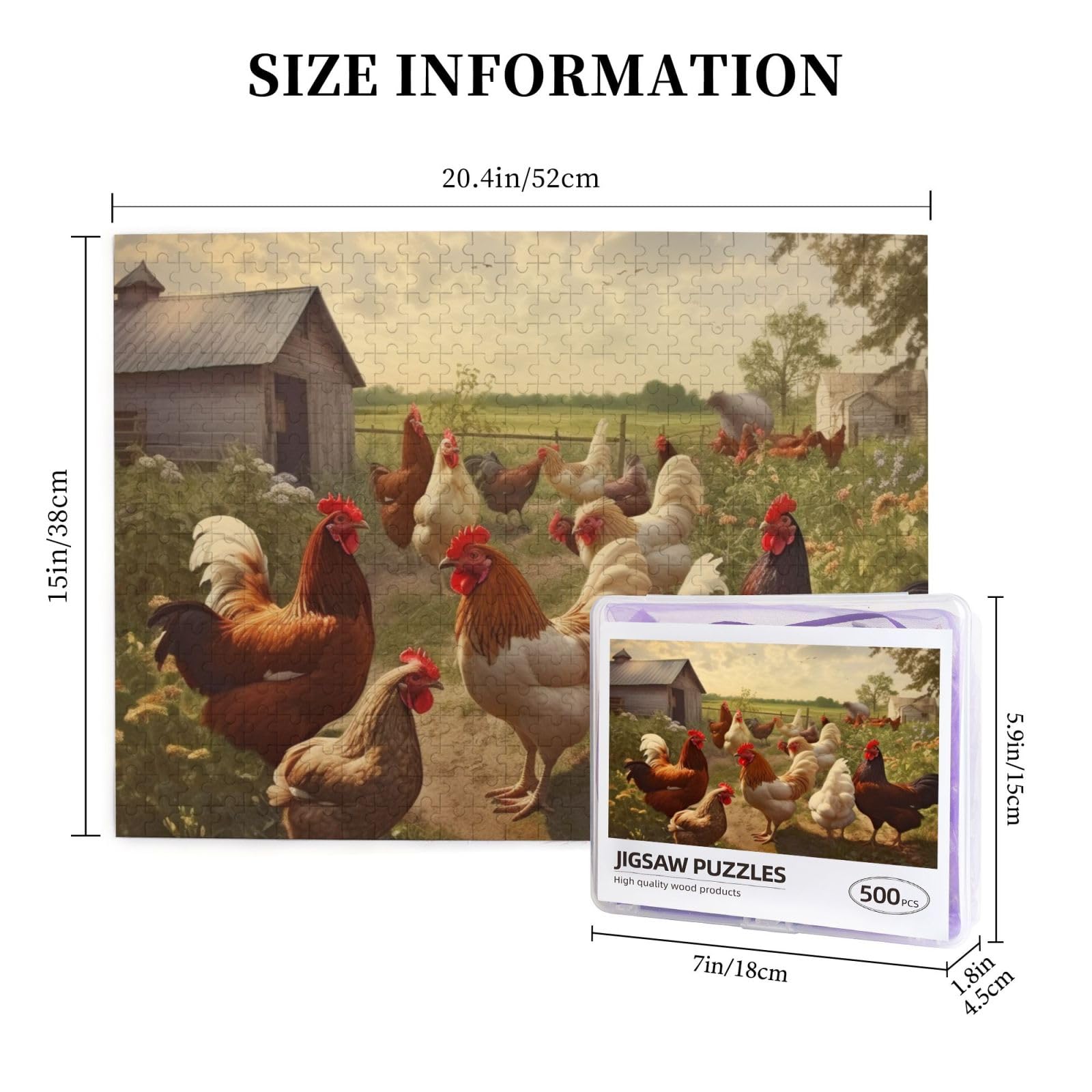 500 Piece Farm Animal Jigsaw Puzzle - Wooden Chicken & Farm Scene Photo Puzzle for Adults, Personalized Picture Puzzle - Perfect for Family Game Night, Wedding, Birthday & Valentine's Day Gifts (20.4