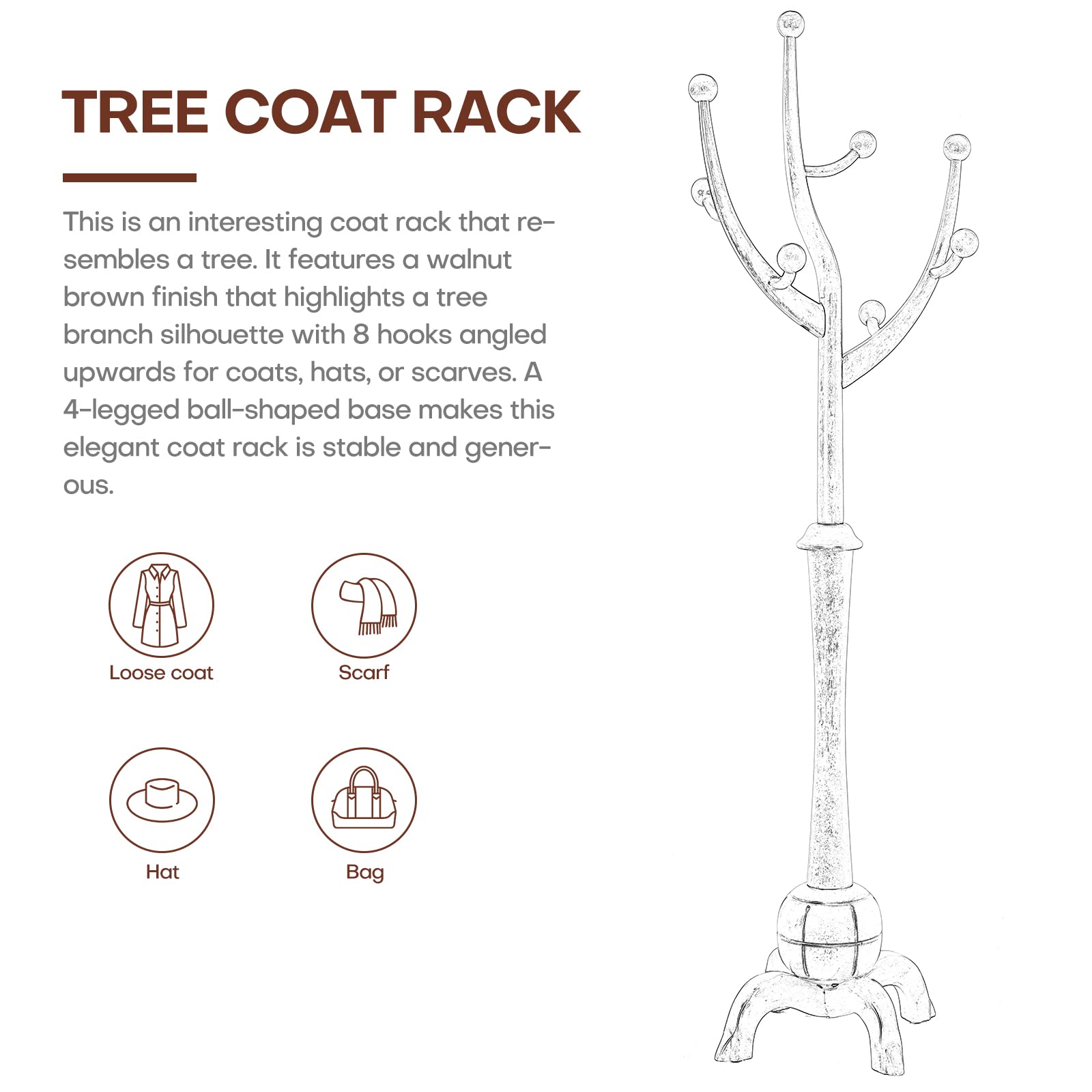 Freestanding Wood Coat Rack with 8 Hooks - Sturdy Tree Branch Design Clothes Hanger Stand (160lb Capacity) for Entryway, Hallway, Bedroom - Perfect for Organizing Jackets, Hats, Bags & Scarves in Walnut Finish