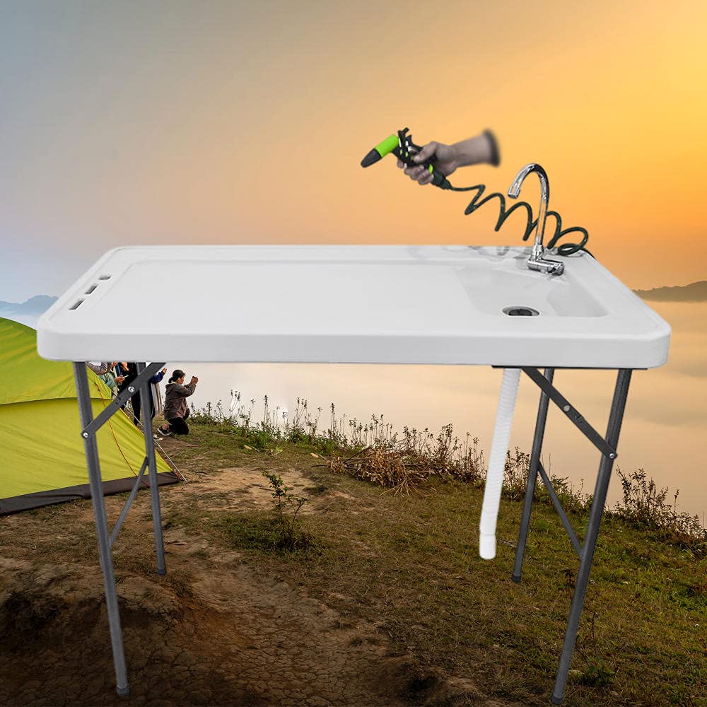Portable Folding Fish Cleaning Table with Sink & Sprayer - Outdoor Camping, Hunting, Fishing & Picnic Use - Removable White Cutting Table for Fillet, Gardening & Food Prep