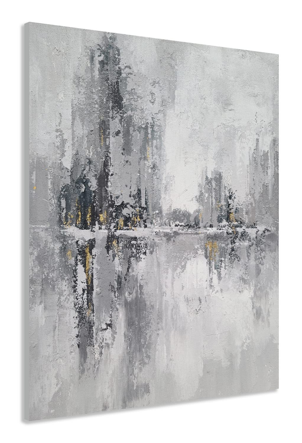 YHSKY ARTS Grey Abstract Oil Painting with Gold Foil - Hand Painted Canvas Wall Art for Living Room, Bedroom & Bathroom Decor - Modern Vertical Cityscape Artwork for Home & Office Interior Design