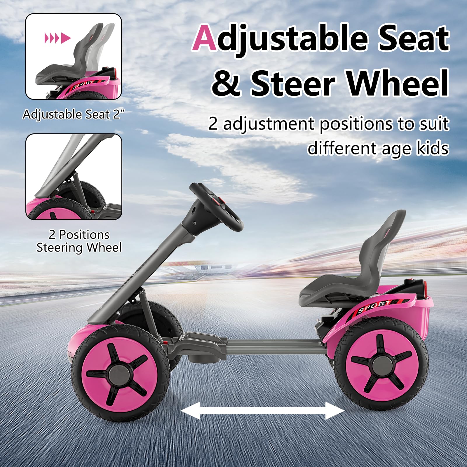 OLAKIDS 12V Electric Go Kart for Kids Ages 2-5 - Adjustable Seat, Steering Wheel & Folding Wheels with LED Lights & Detachable Cup Holder - Pink Ride On Car for Boys & Girls | Perfect for Backyard Play, Birthday Gifts & Outdoor Family Fun