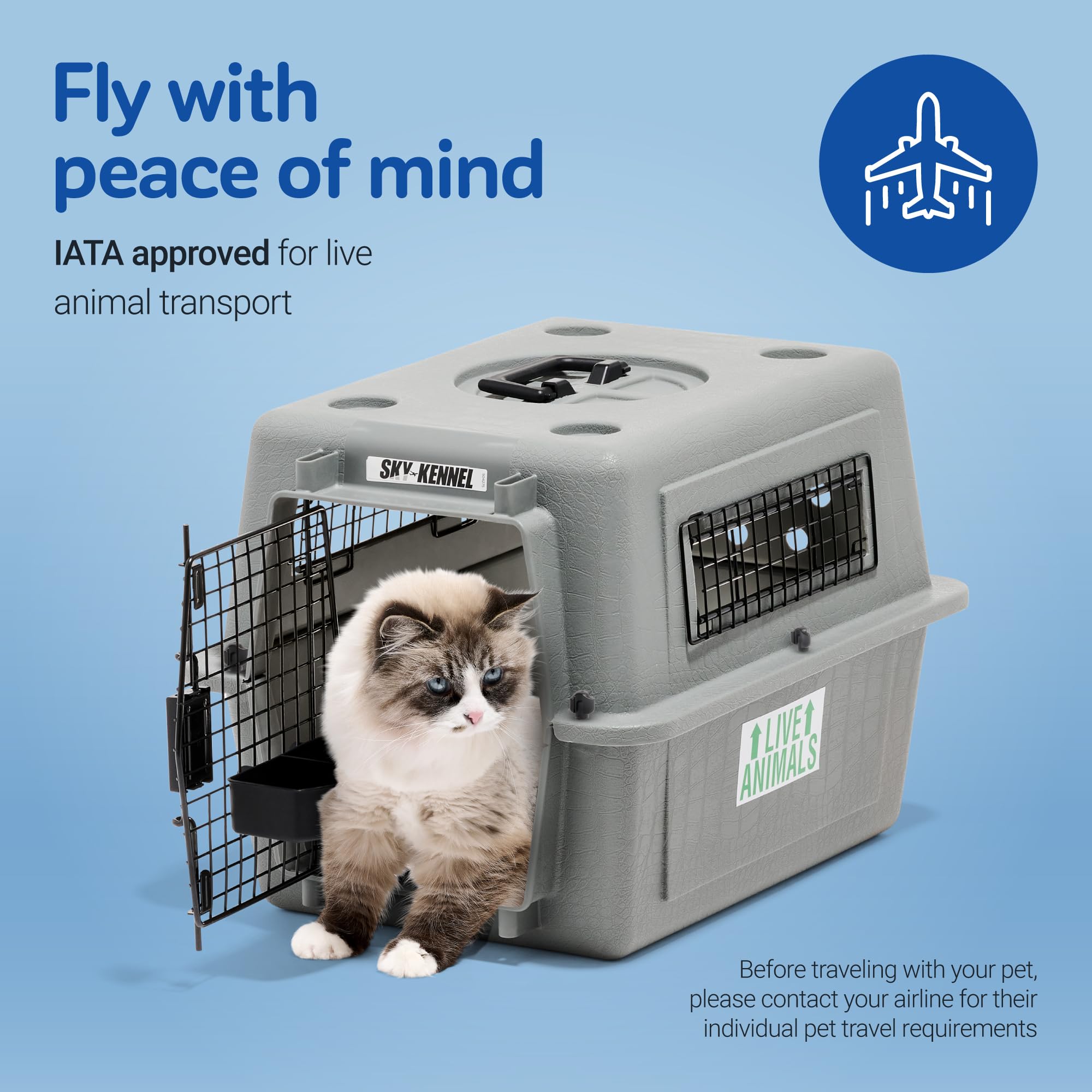 Petmate Sky Kennel - Airline Approved Travel Dog Crate for Small Pets up to 15 lbs, Heavy Duty Plastic Pet Carrier for Airplane & Car Travel - 21 Inch (Made in USA) - Perfect for Flying, Road Trips & Vet Visits