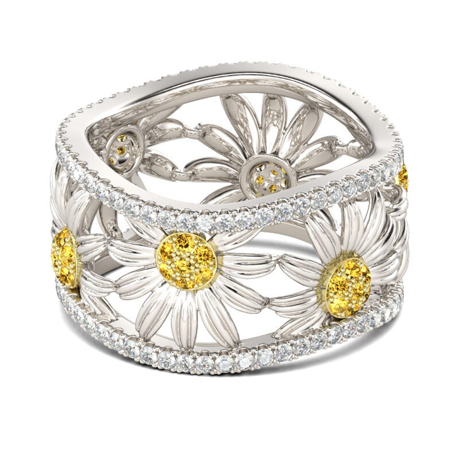 Jeulia Women's Sunflower Band Ring - S925 Sterling Silver Yellow Diamond Hollow Curved Promise Ring for Anniversary, Birthday Gift - Perfect for Romantic Occasions & Everyday Wear