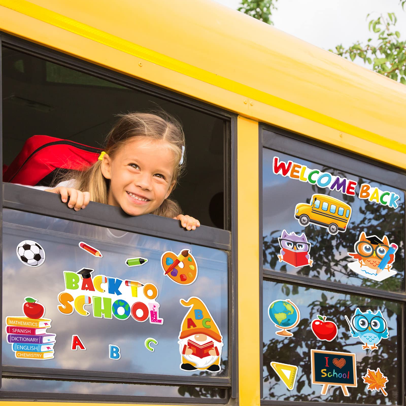 Whaline 40Pcs Back to School Gel Window Clings - Cute Gnome, Owl & School Bus Stickers for Classroom Decor, Blackboard & Wall Decoration - Perfect for Welcome Back Party, Home & School Decorations