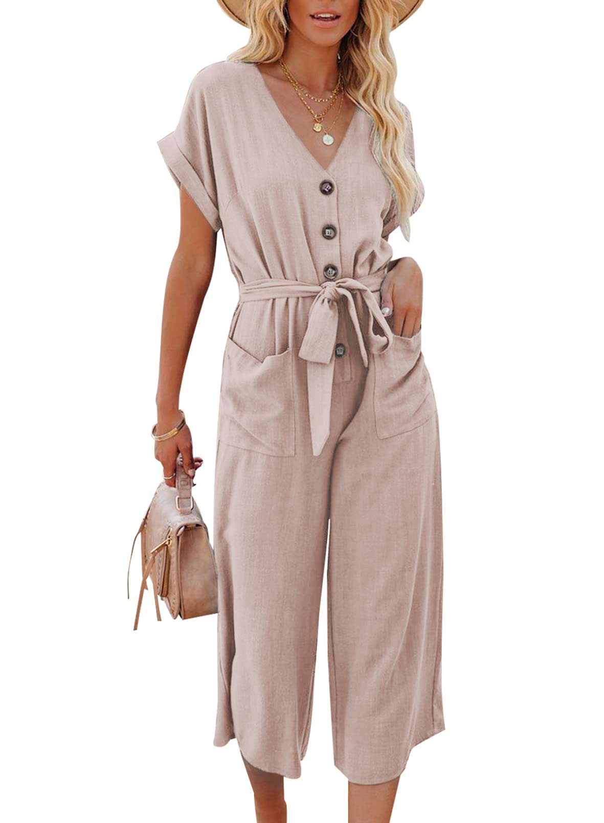 ROSKIKI Women's V-Neck Short Sleeve Button Pocketed Wide Leg Jumpsuit Romper with Belt - Casual Summer Outfit for Beach, Vacation & Everyday Wear