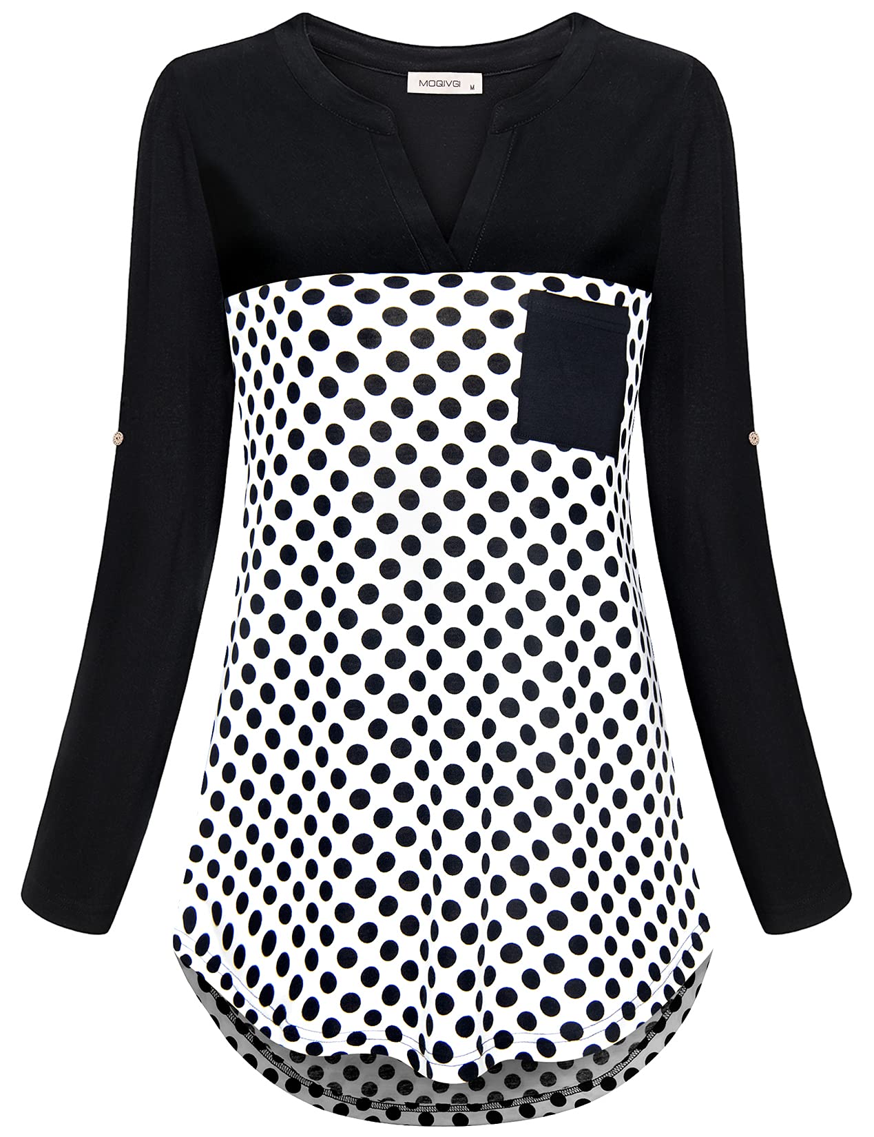 MOQIVGI Women's Roll Up Long Sleeve V Neck Patchwork Blouse - Stylish Casual & Office Tops for Spring & Fall | Work, Date Night & Weekend Outfits | Perfect for Business Meetings, Cocktail Parties, Brunch Dates & Layering | Versatile for Office Wear, Seasonal Transitions & Everyday Fashion | Great for Professional Settings, Social Events & Daily Style