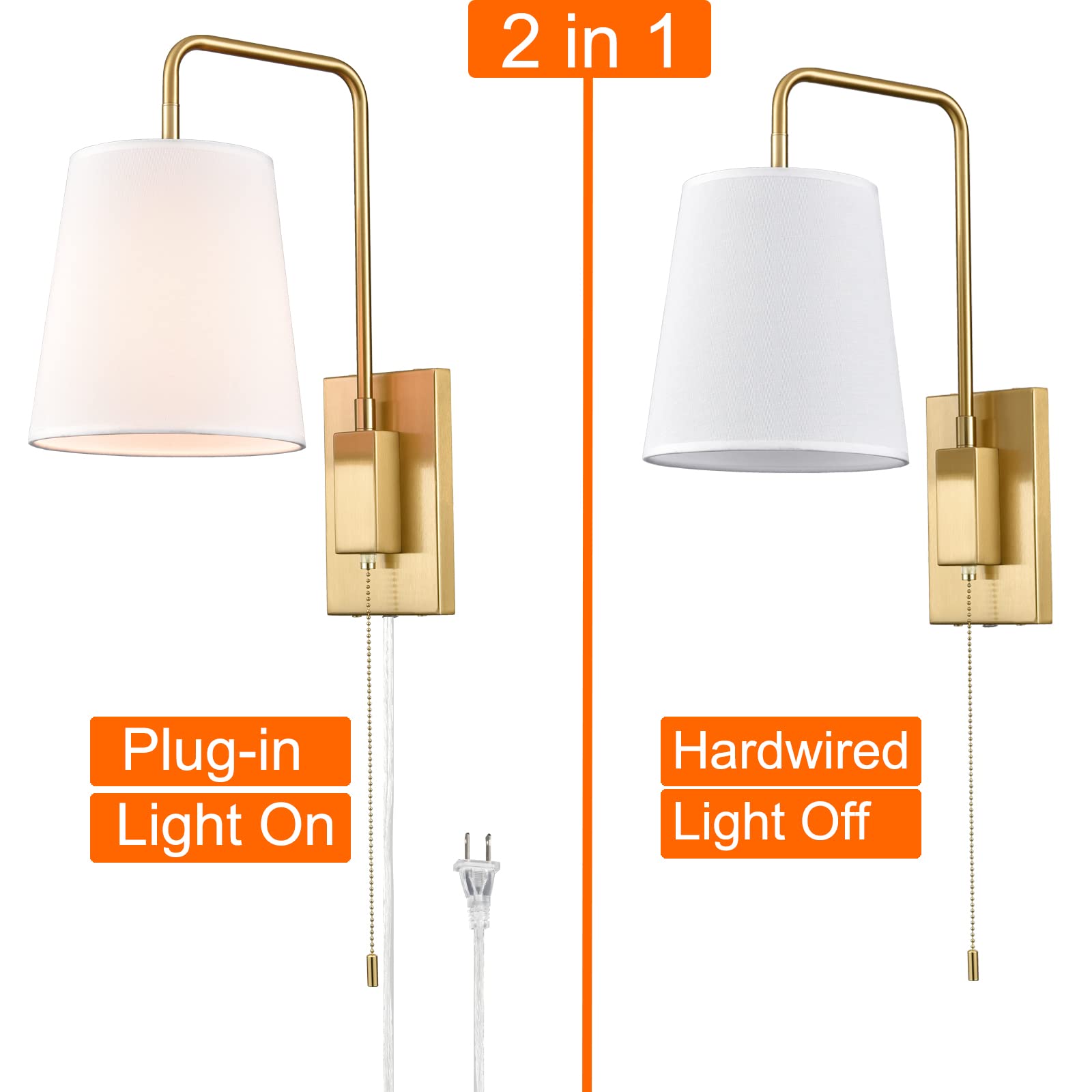 Gold Fabric Shade Wall Sconce - Set of 2 Plug-in Wall Lamps for Bedroom, Living Room & Hallway - Elegant Lighting Fixture with Soft Glow for Cozy Ambiance