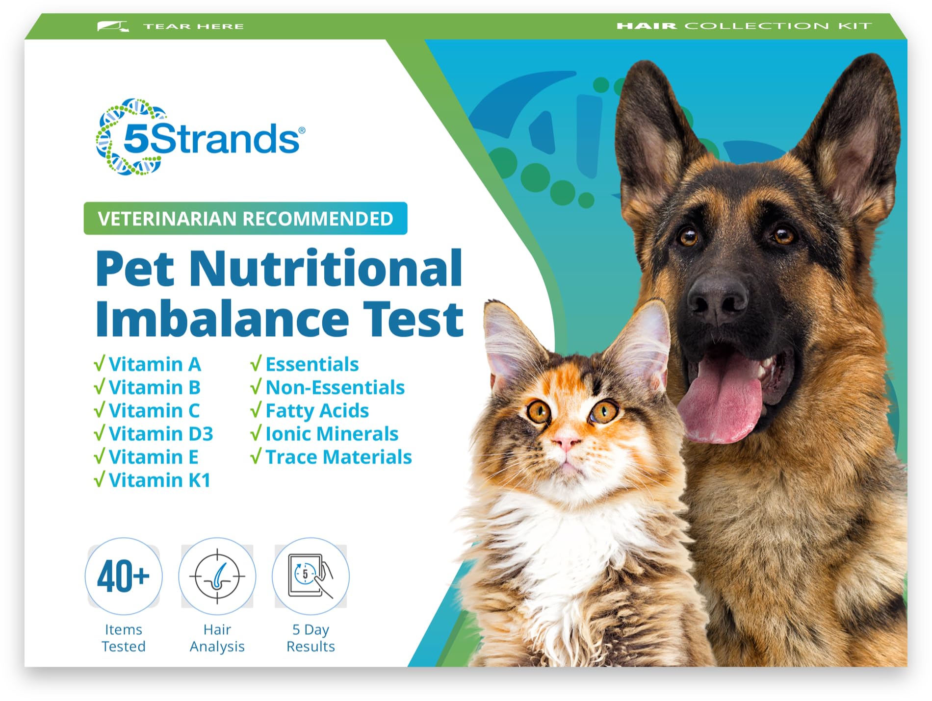 5Strands Pet Nutritional Imbalance Test Kit - At-Home Dog & Cat Hair Sample Analysis for 44 Vitamins & Minerals | Supplement Absorption Check | Fast 5-Day Results for All Ages & Breeds | Perfect for Monitoring Pet Health & Diet Optimization