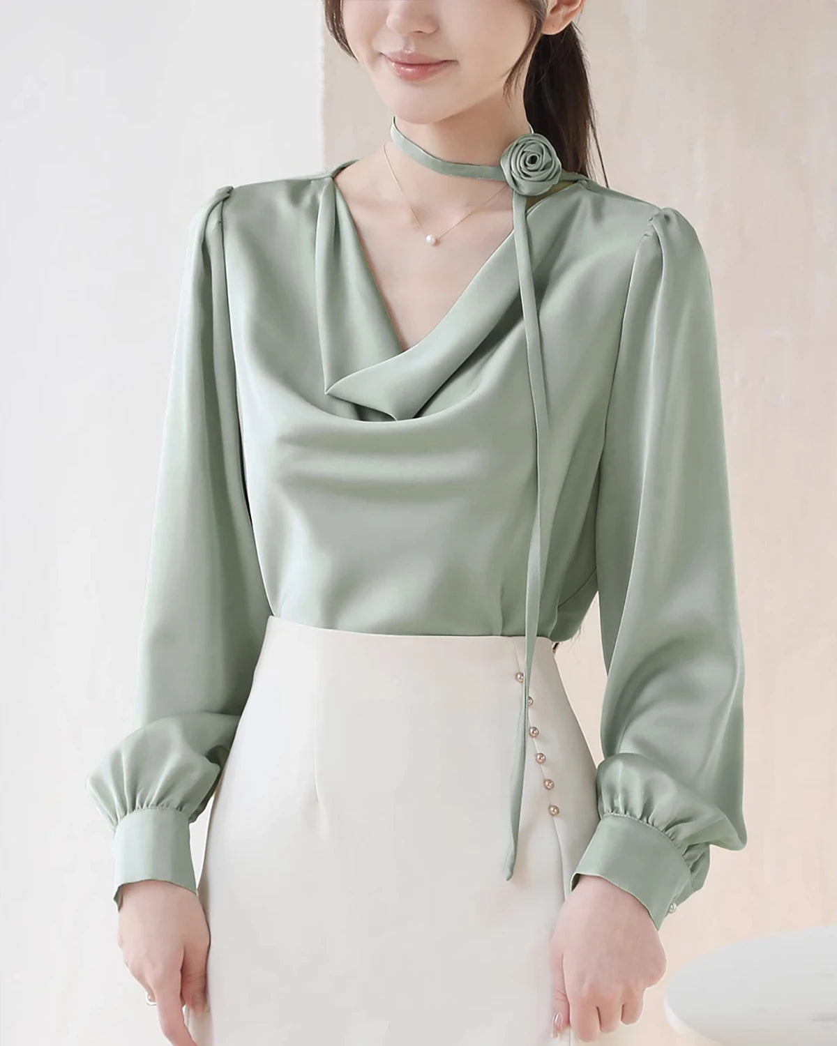 Elegant Draped Collar Silk Blouse for Women - Luxury Satin Shirt for Office, Party & Special Occasions