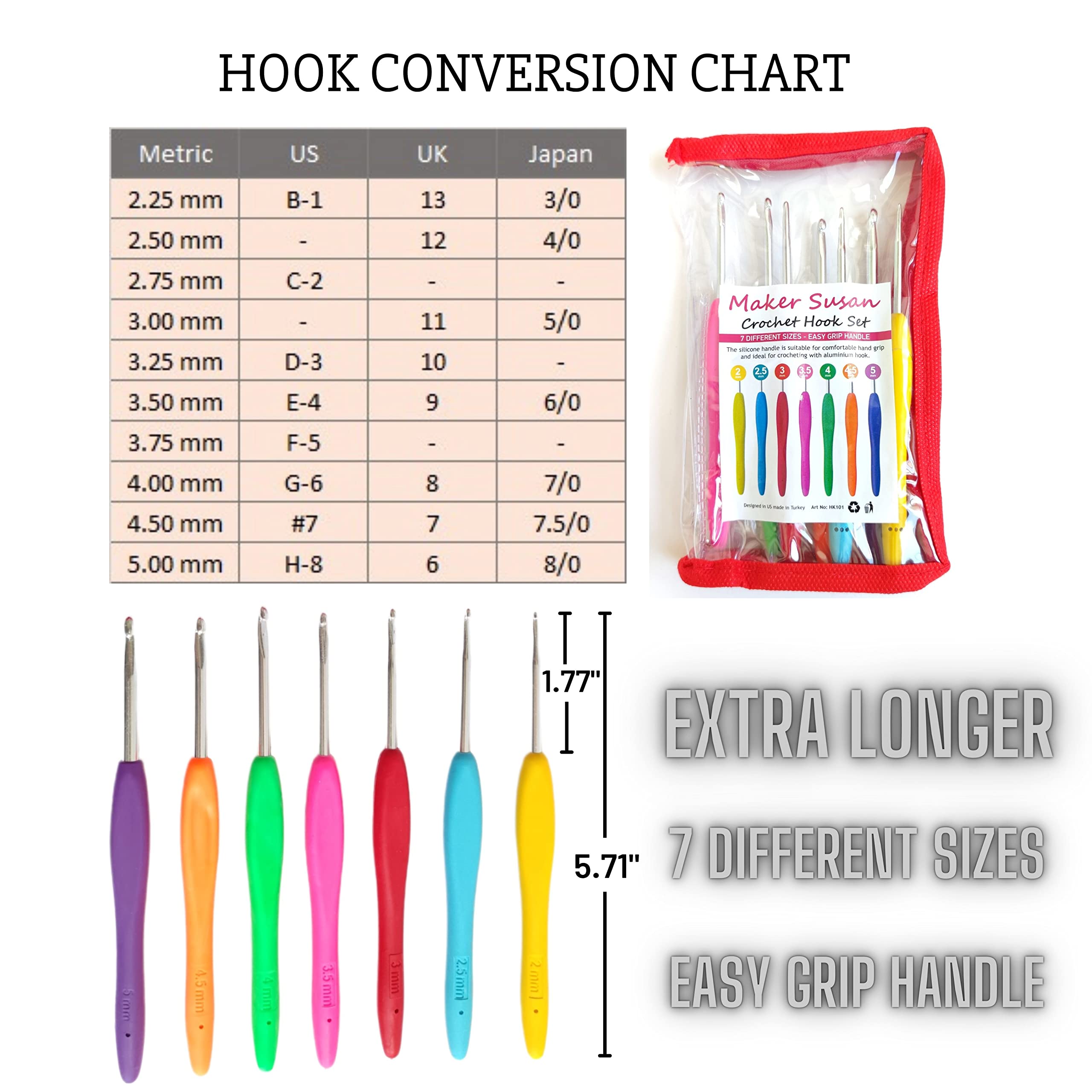 7 Size Ergonomic Crochet Hook Set (2mm-5mm) with Transparent Case - Extra Long Comfortable Knitting Needles for Beginners & Arthritic Hands - Perfect for DIY Yarn Crafts, Amigurumi, and Home Decor Projects