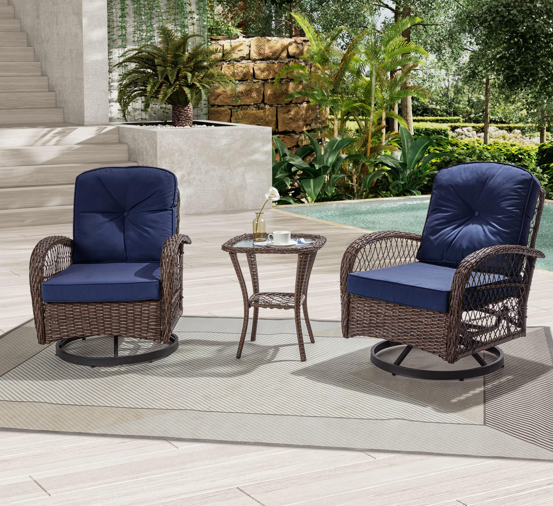 IMUsee 3-Piece Outdoor Patio Furniture Set - Swivel Rocking Chairs with 4