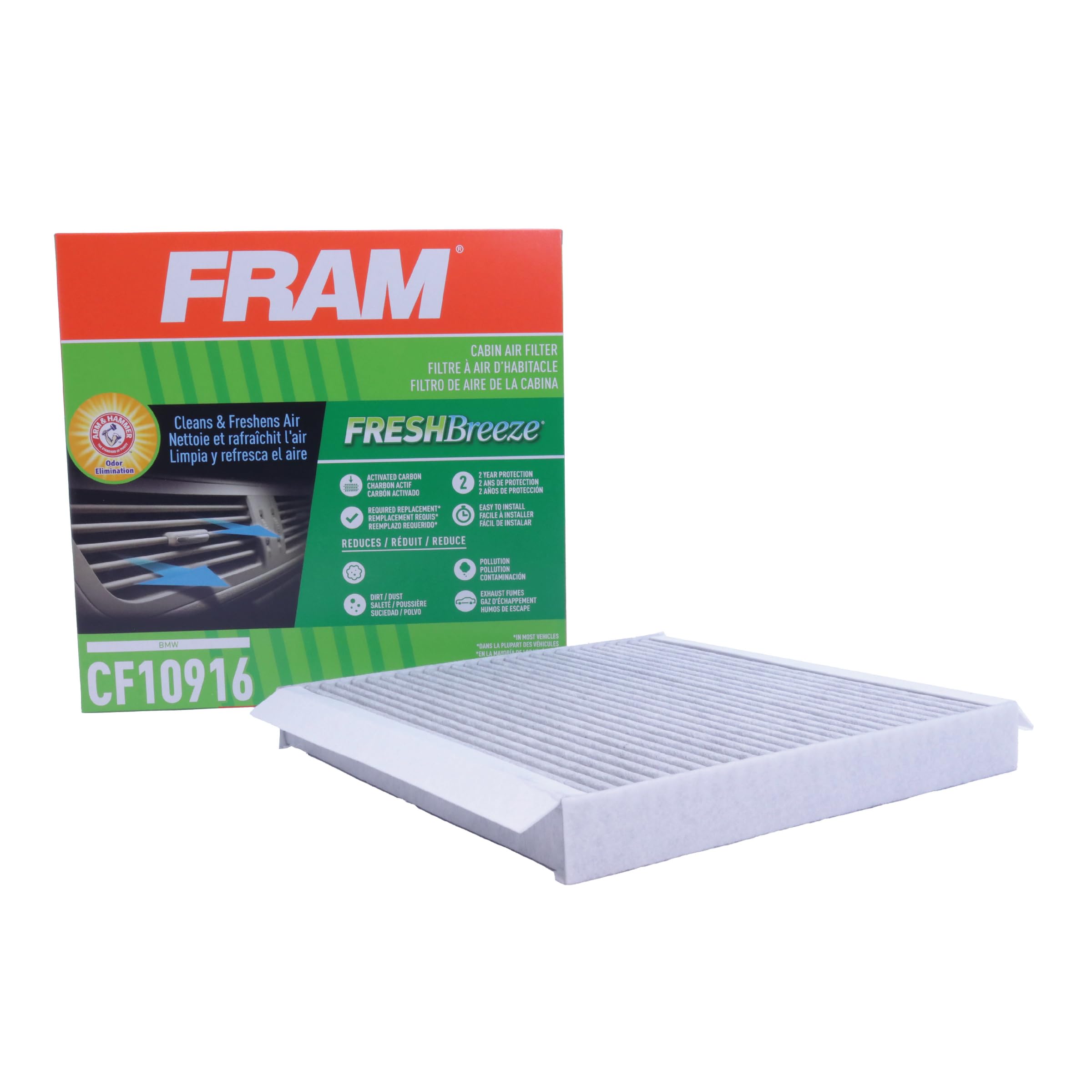 FRAM Fresh Breeze Cabin Air Filter with Arm & Hammer Baking Soda - Replacement for BMW Vehicles (CF10916) - Easy Installation for Cleaner Air & Odor Elimination - Perfect for City Driving & Allergy Season