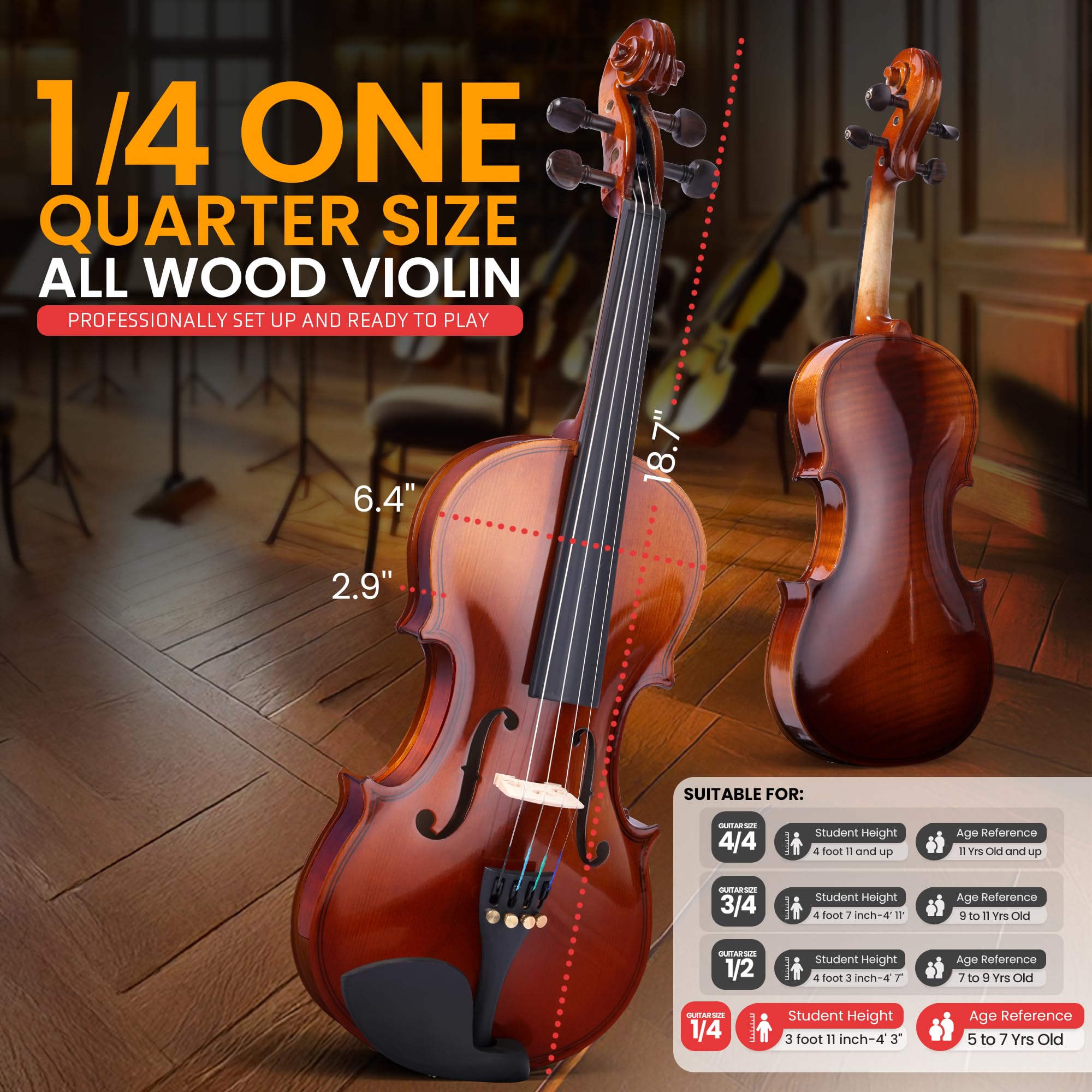 **Pyle 1/4 Size Beginner Violin Starter Kit - Full Set with Travel Case, Bow, Extra Strings, Digital Tuner, Shoulder Rest & Cleaning Cloth - Perfect for Students, Kids & Adults - Ideal for School, Practice & Travel**