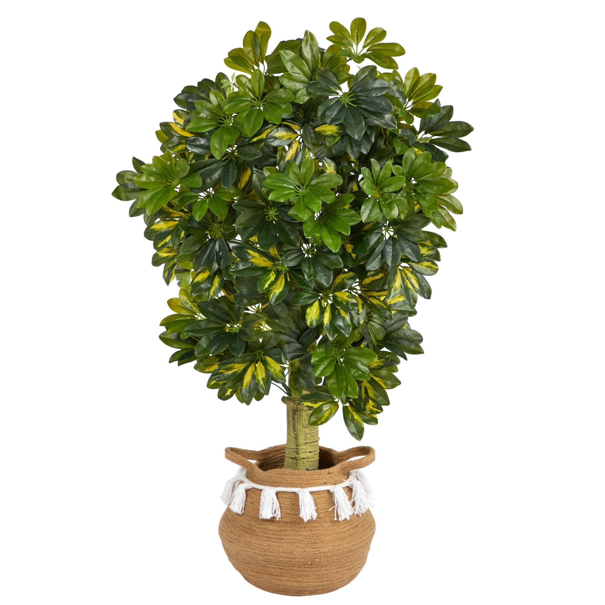 Nearly Natural 4ft Real Touch Artificial Schefflera Tree in Boho Chic Handmade Cotton Woven Planter with Tassels - Perfect for Home Office Decor, Living Room, Bedroom & Boho Interior Design