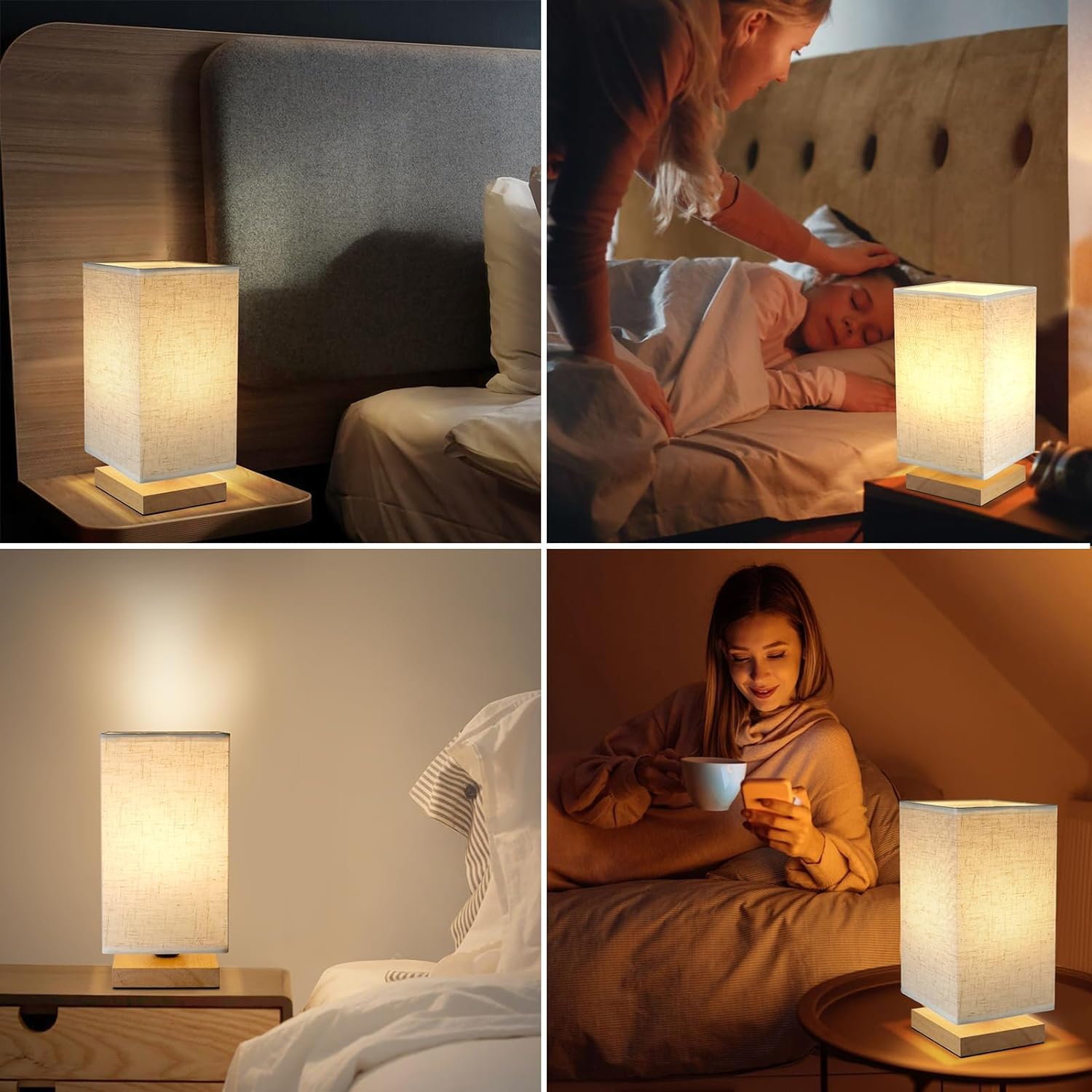 Minimalist Square Fabric Linen Shade Bedside Lamp - Warm LED Table Light for Bedroom, Kids Room, Living Room, Dorm & Office with On/Off Switch (Bulb Included) | Perfect Nightstand Companion for Reading & Relaxation