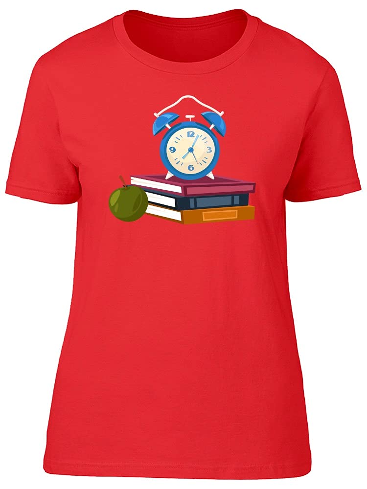 Smartprints Alarm Clock & Books Graphic Tee for Women - Red | Cute Casual T-Shirt for Book Lovers, Reading Enthusiasts & College Students | Perfect Gift for Bookworms, Librarians & Teachers