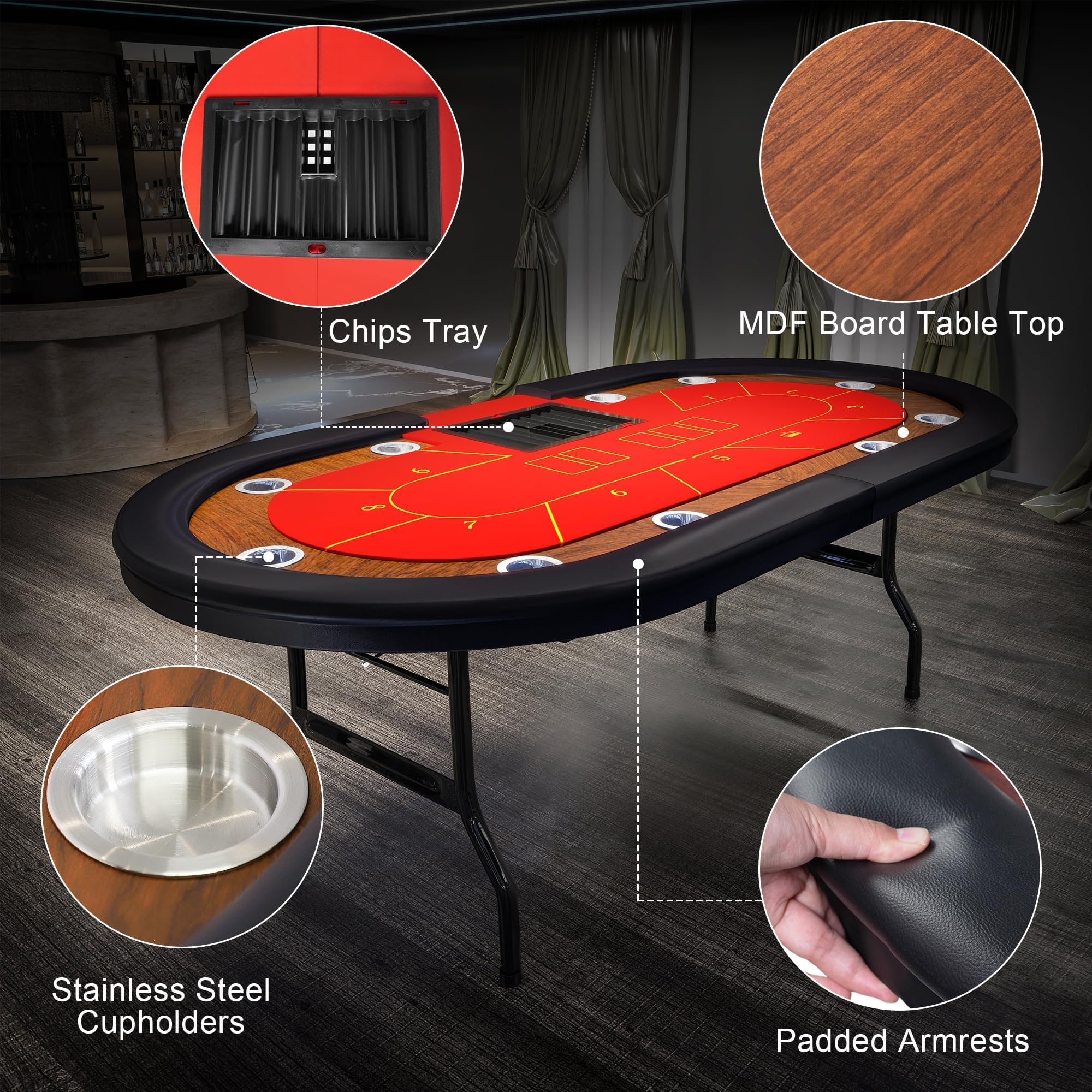 Premium 10 Player Foldable Poker Table with Cup Holders - 84 Inch Portable Texas Holdem Table with Chip Tray & Padded Rails - Casino Style Folding Card Game Table in Stylish Red - Perfect for Home Game Nights, Poker Parties & Casino Themed Events