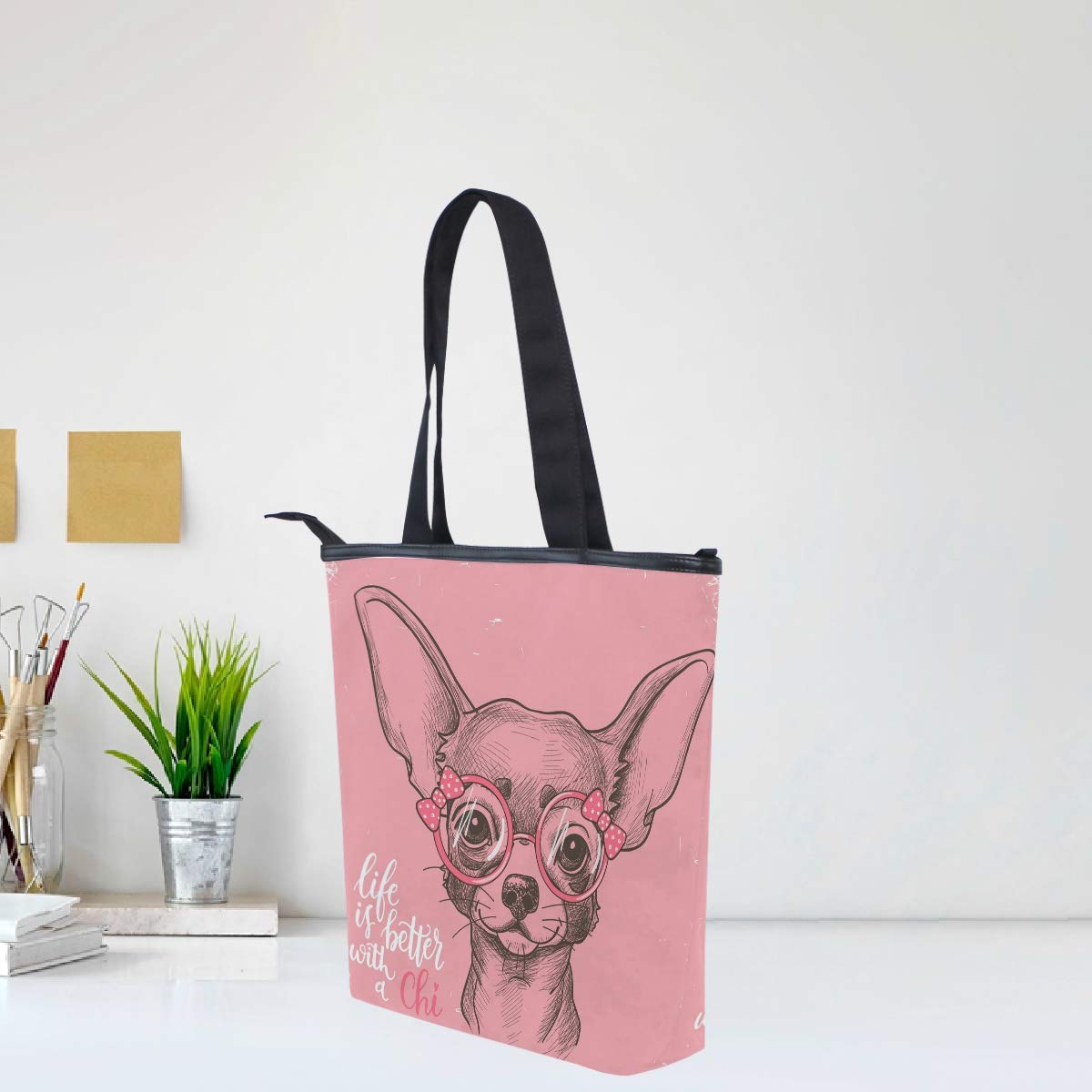 Stylish Pink Chihuahua Dog Print Canvas Tote Bag with Bow, Glasses & Star Heart Design - Reusable Zippered Shoulder Handbag for Women & Girls | Perfect for Grocery Shopping, Beach Trips & Casual Outings