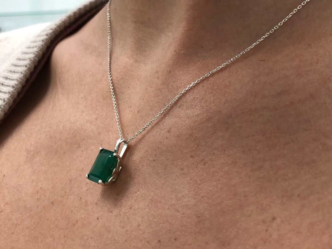 4.30 Carat Dark Green Emerald Sterling Silver Necklace 925 for Women - Elegant Jewelry Gift for Birthday, Anniversary & Special Occasions