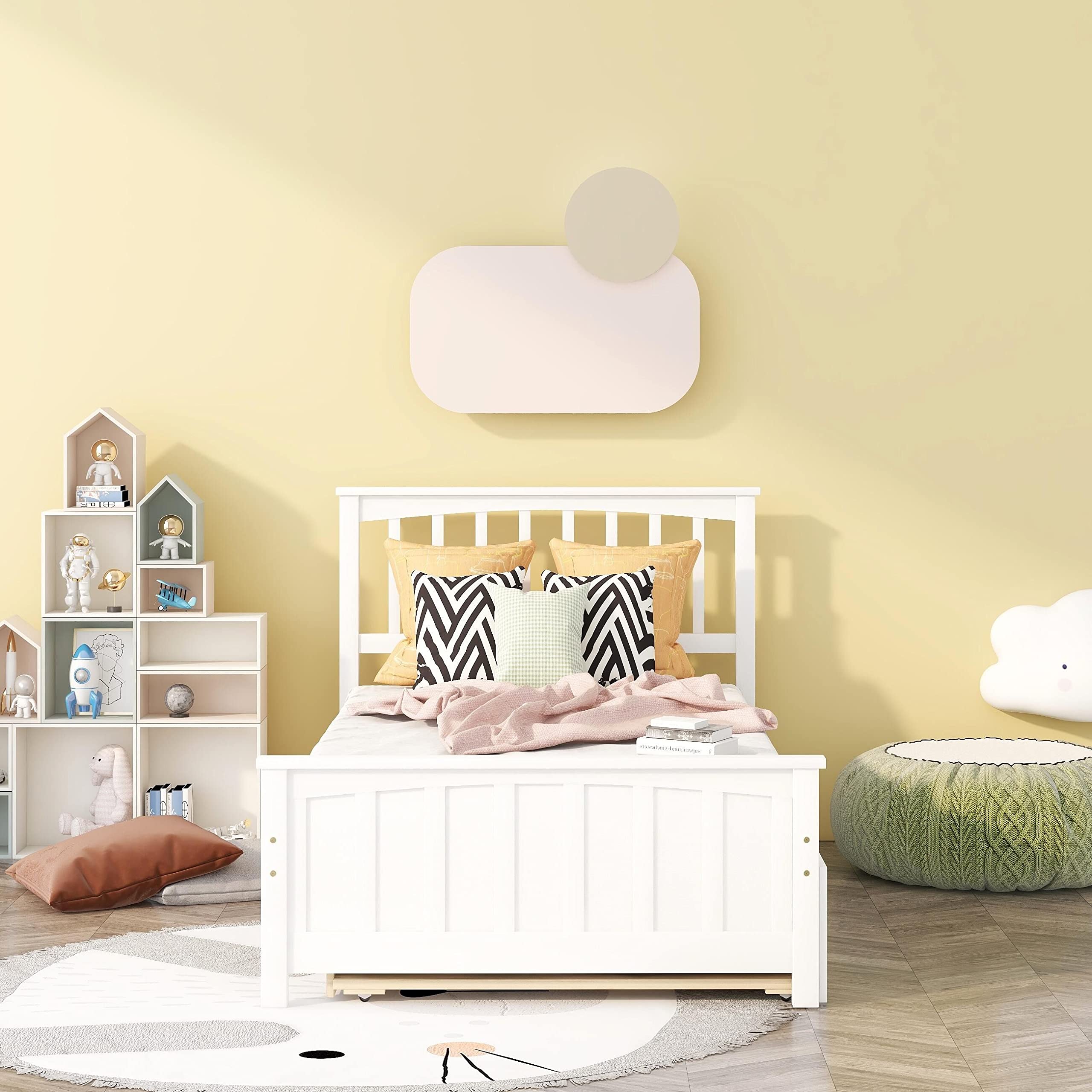 MERITLINE Twin Size Kids Bed with Trundle - White Platform Bed with Headboard & Footboard for Boys & Girls - No Box Spring Needed - Perfect for Small Bedrooms, Guest Rooms & Kids' Sleepovers