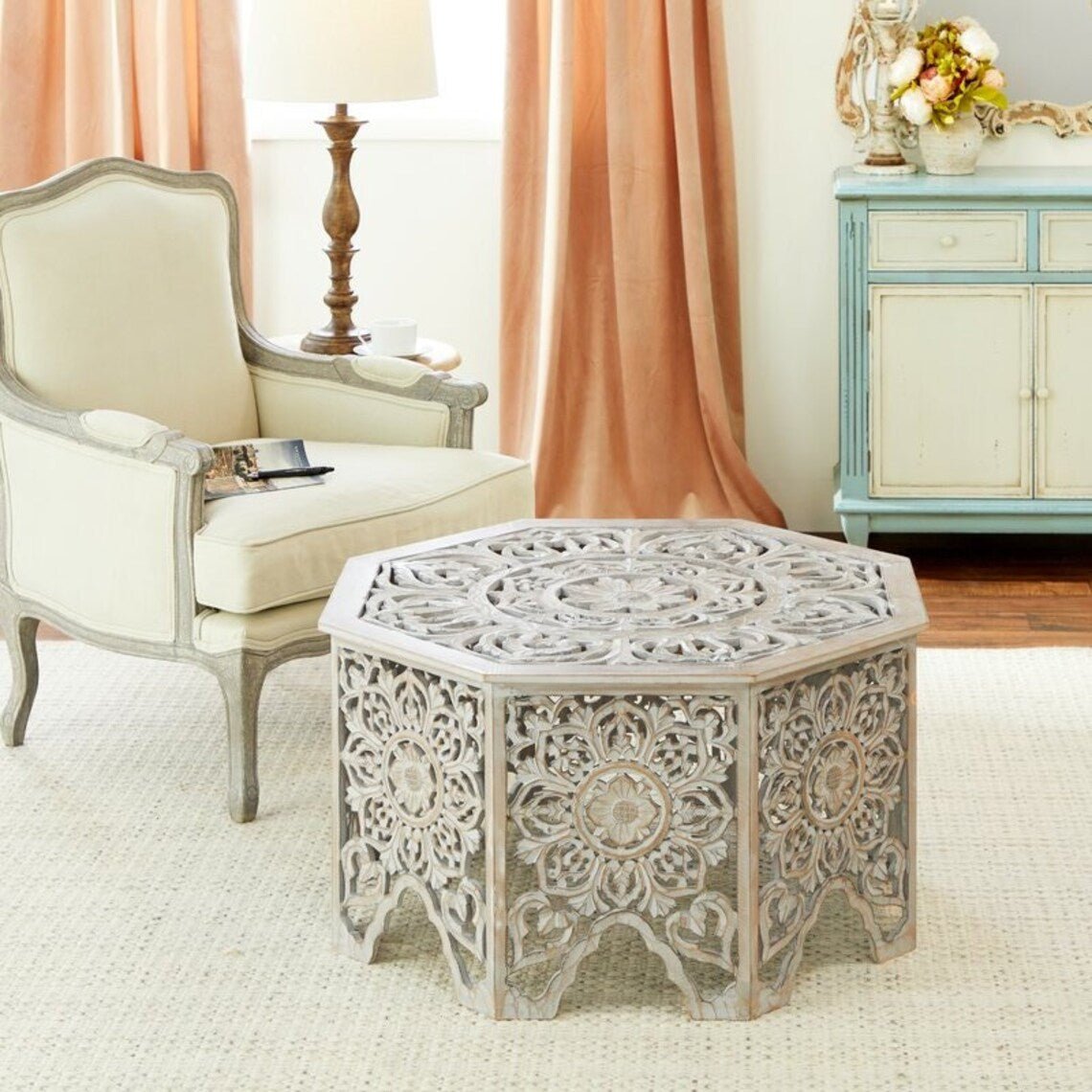 Hand Carved Wooden Coffee Table - Rustic Solid Wood Conversion Table for Living Room, Home Decor & Farmhouse Style