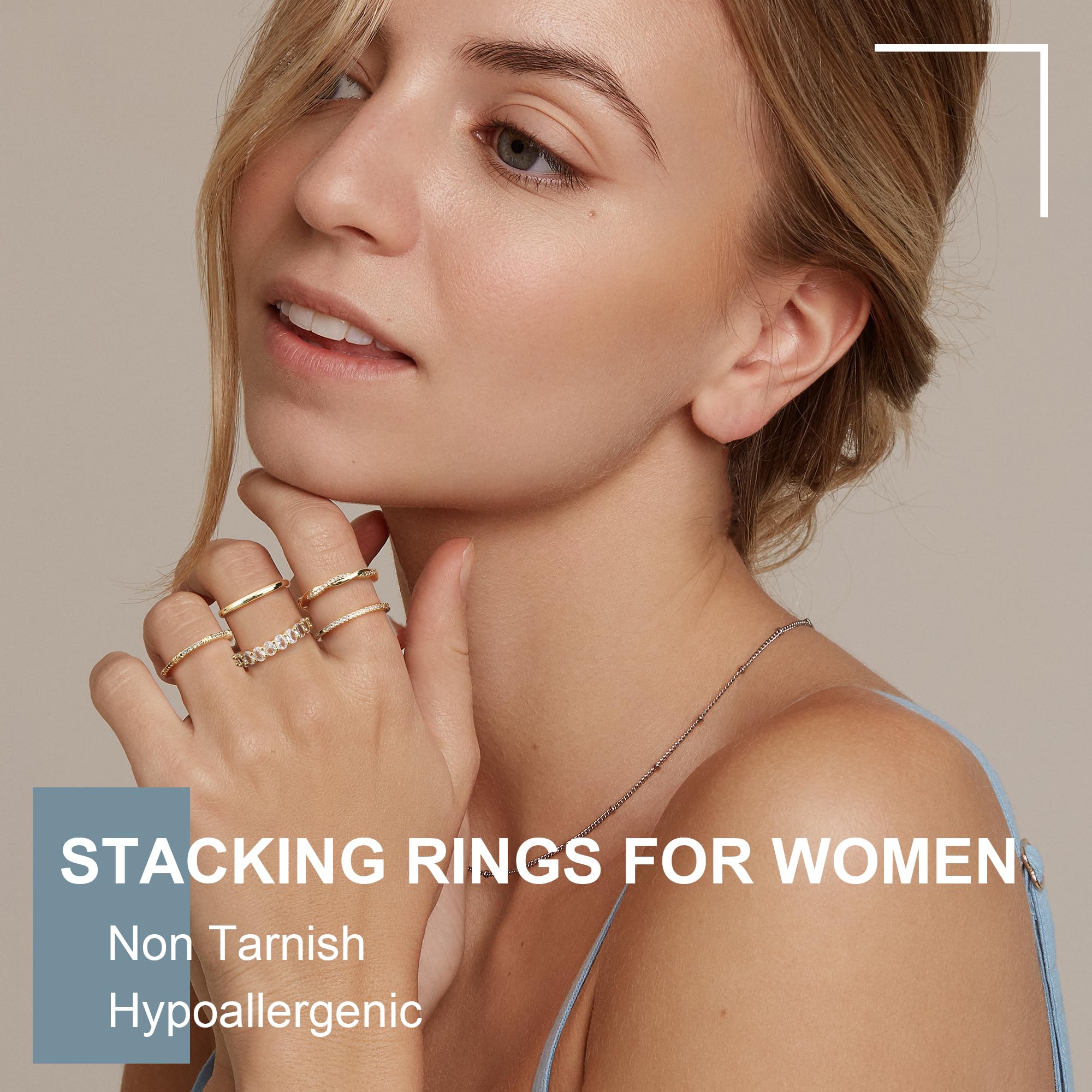 14K Gold Plated Stackable Rings for Women - 5PCS Non-Tarnish Dainty Cubic Zirconia Wedding Band Set | Trendy Statement Jewelry for Everyday Wear, Stacking & Special Occasions