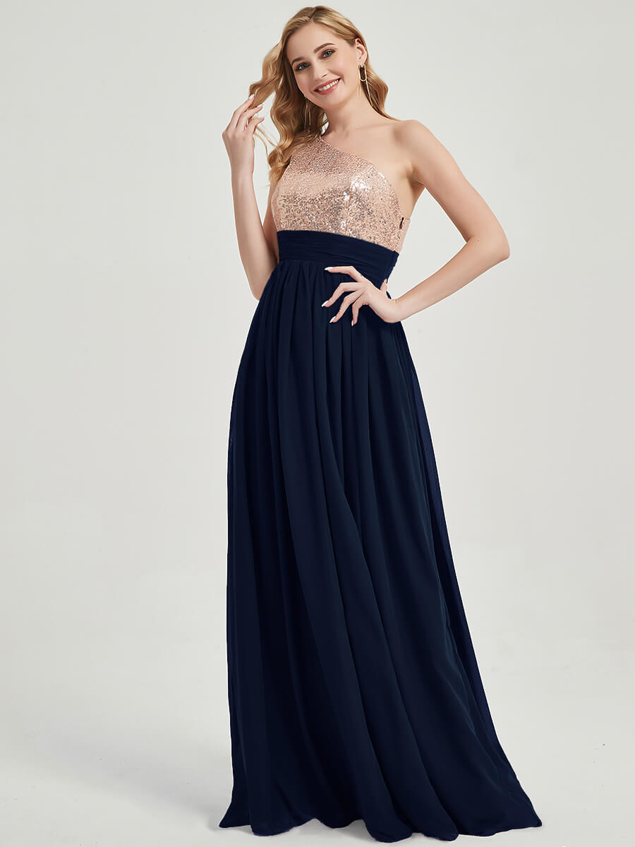 Elegant Dark Navy One Shoulder Sleeveless Chiffon Sequin Maxi Bridesmaid Dress for Weddings, Prom & Formal Events | Plus Size Options Available