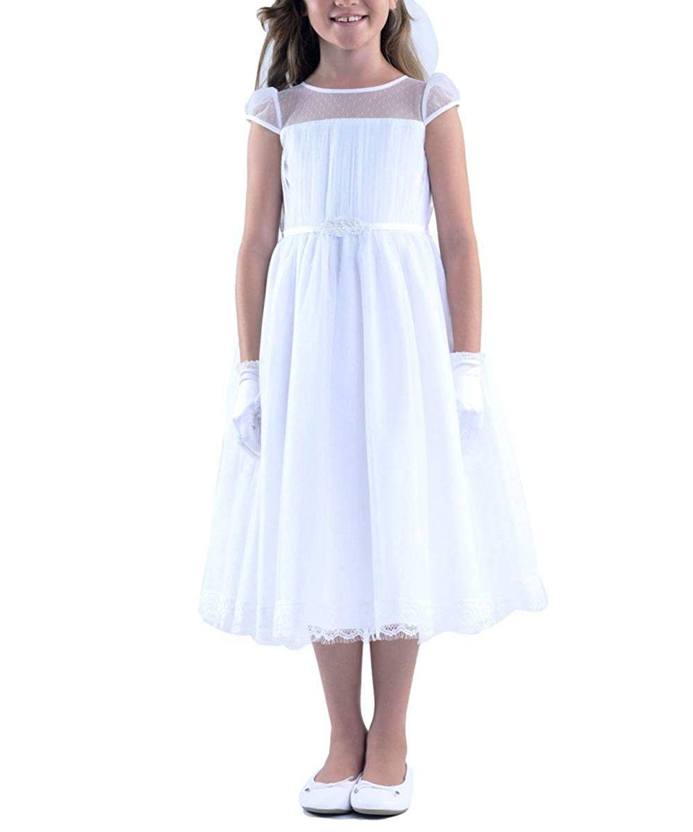 White First Holy Communion Dress Tea Length with Sleeves - Flower Girl Dresses for Girls Age 7-16 - Princess Style for Church Ceremonies & Special Occasions