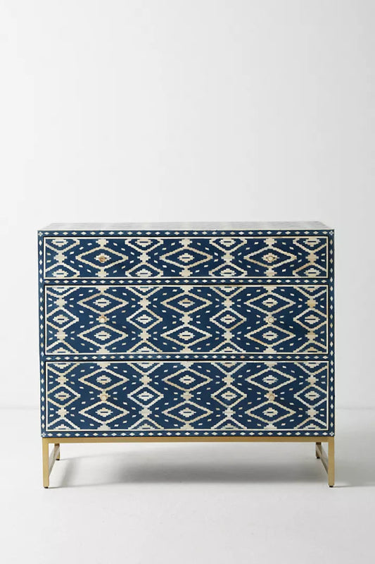 Handmade Ikat Inlay 3-Drawer Dresser - Vintage Boho Style Wooden Chest for Bedroom, Living Room & Home Decor