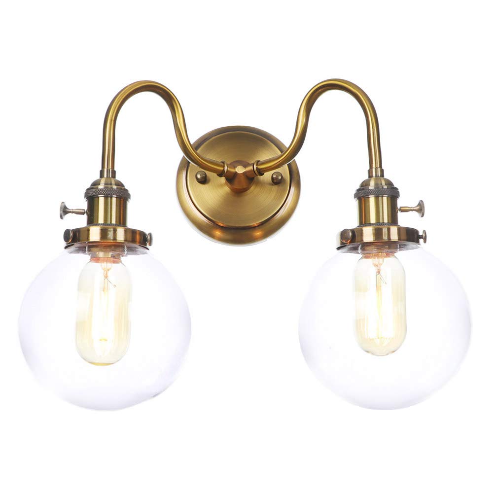 Vintage Gold Metal Wall Lamps with Clear Glass Lampshade - 2-Light Bedroom Sconce with Switch | Perfect for Bedroom, Living Room, Hallway & Reading Nook Lighting