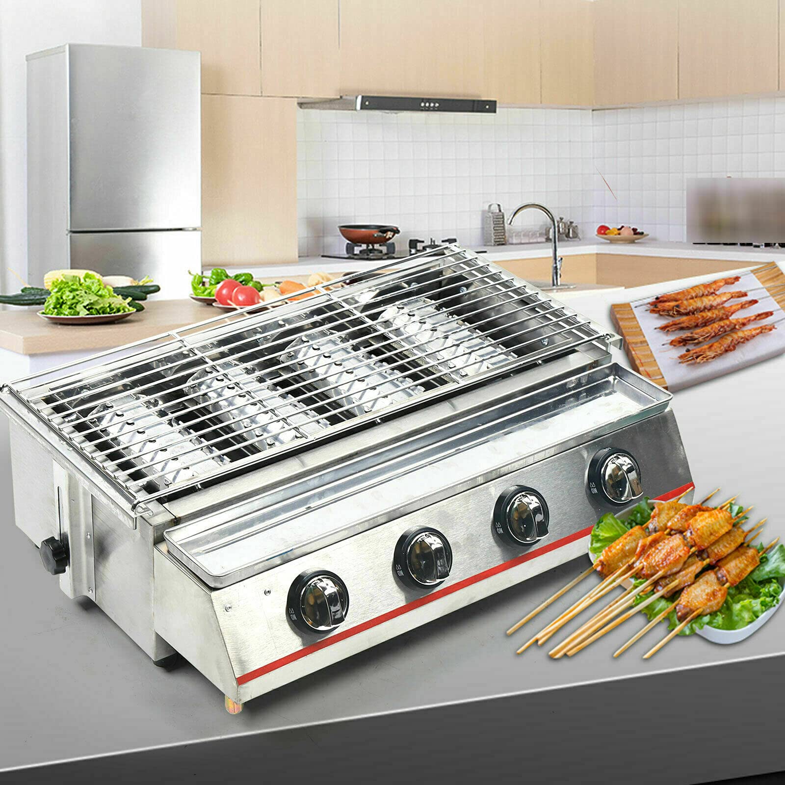 **Stainless Steel Tabletop Gas Grill - 4 Burner Portable LPG BBQ Stove with Adjustable Height & Smokeless Design for Outdoor Camping, Boating, Picnics & Backyard Cooking (Silver)**