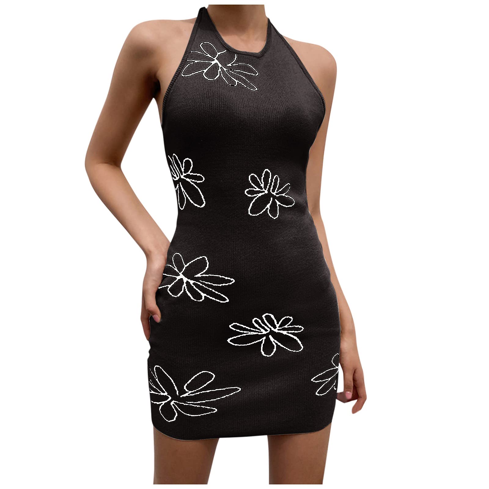 Backless Floral Print Halter Dress - Women's Sleeveless Knitted Mini Dress for Party & Summer