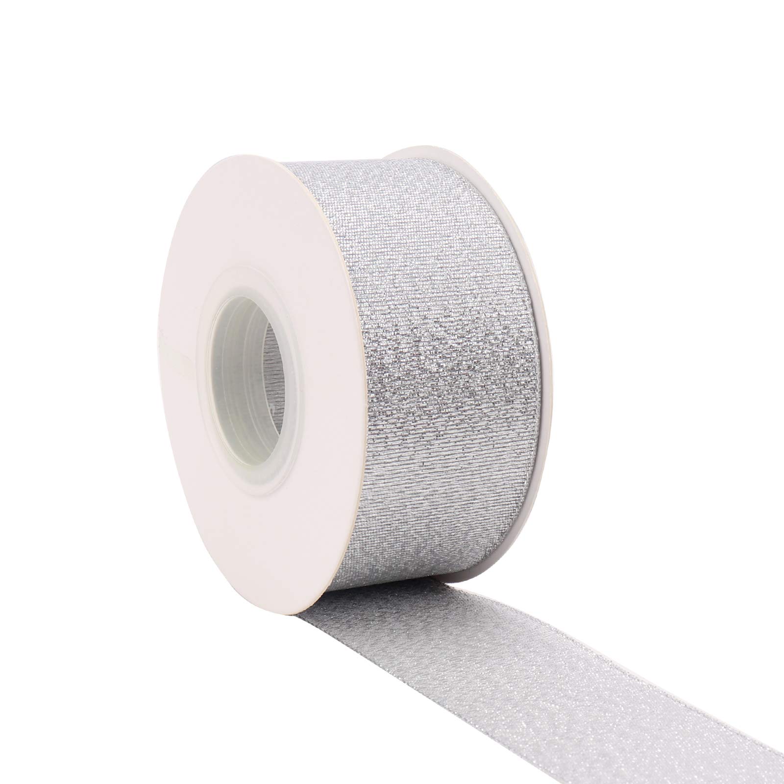 1-1/2 Inch Glitter Silver Ribbon - 25 Yards Decorative Fabric Ribbon for Gift Wrapping, Easter, Holiday Parties, Wedding Decorations, Balloons, Sewing & Floral DIY - Perfect for Crafts, Home Decor and Seasonal Celebrations