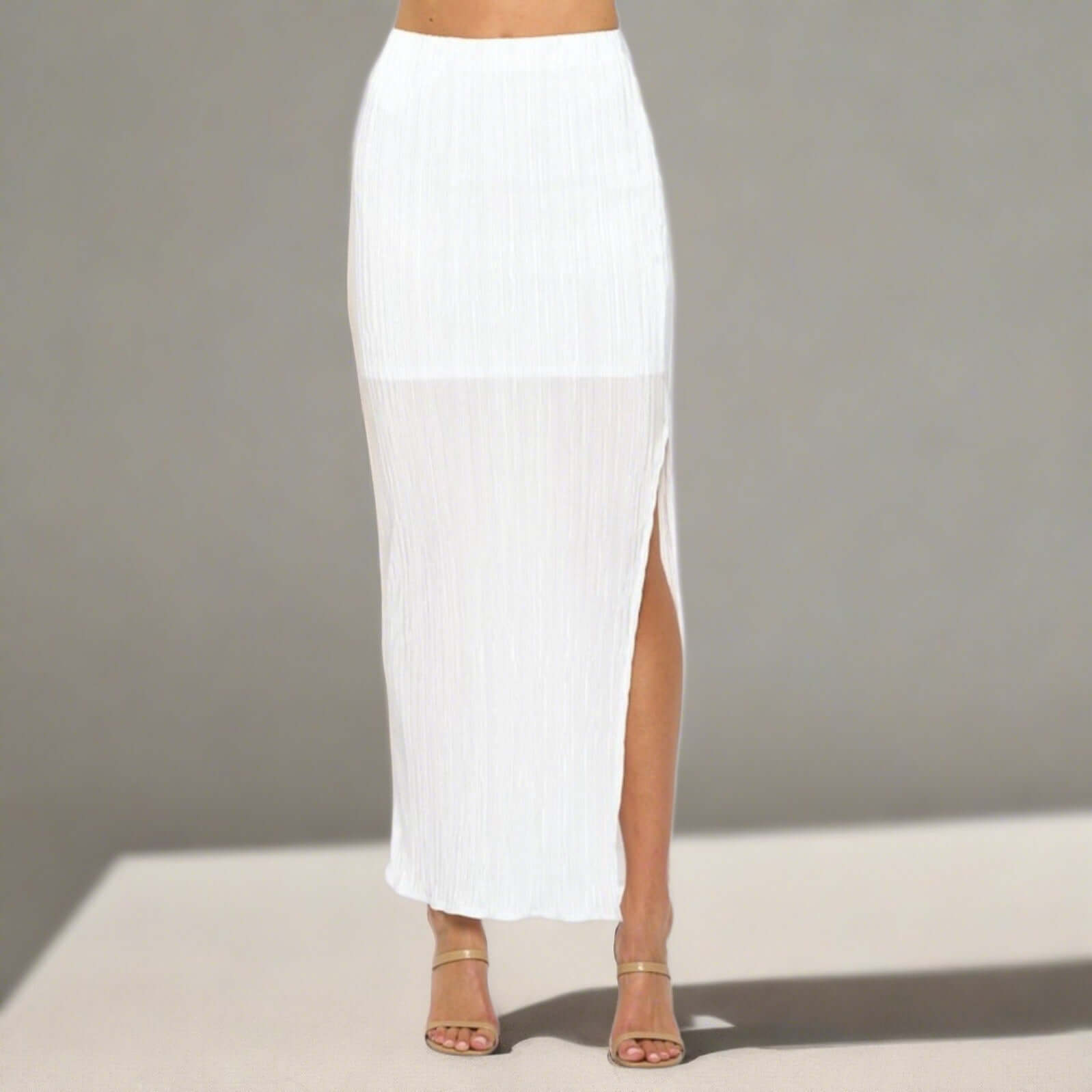Elegant White Plisse Sheer Maxi Skirt for Women - Made in USA - Boho Summer Beach Dress for Vacation, Wedding & Party Wear