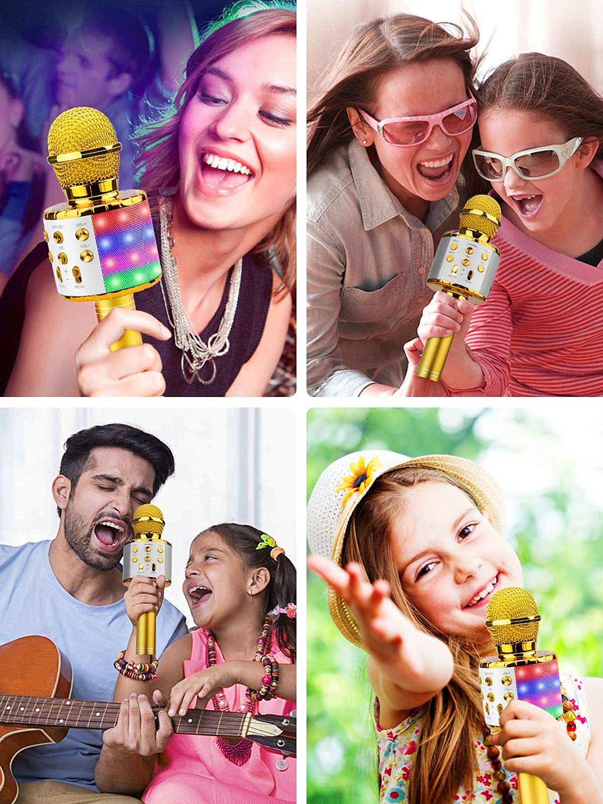 4-in-1 Wireless Karaoke Microphone with LED Lights - Portable Bluetooth Singing Mic for Kids & Adults, Perfect Gift for Boys & Girls - Great for Home Parties, Travel & Birthday Gifts (Gold)